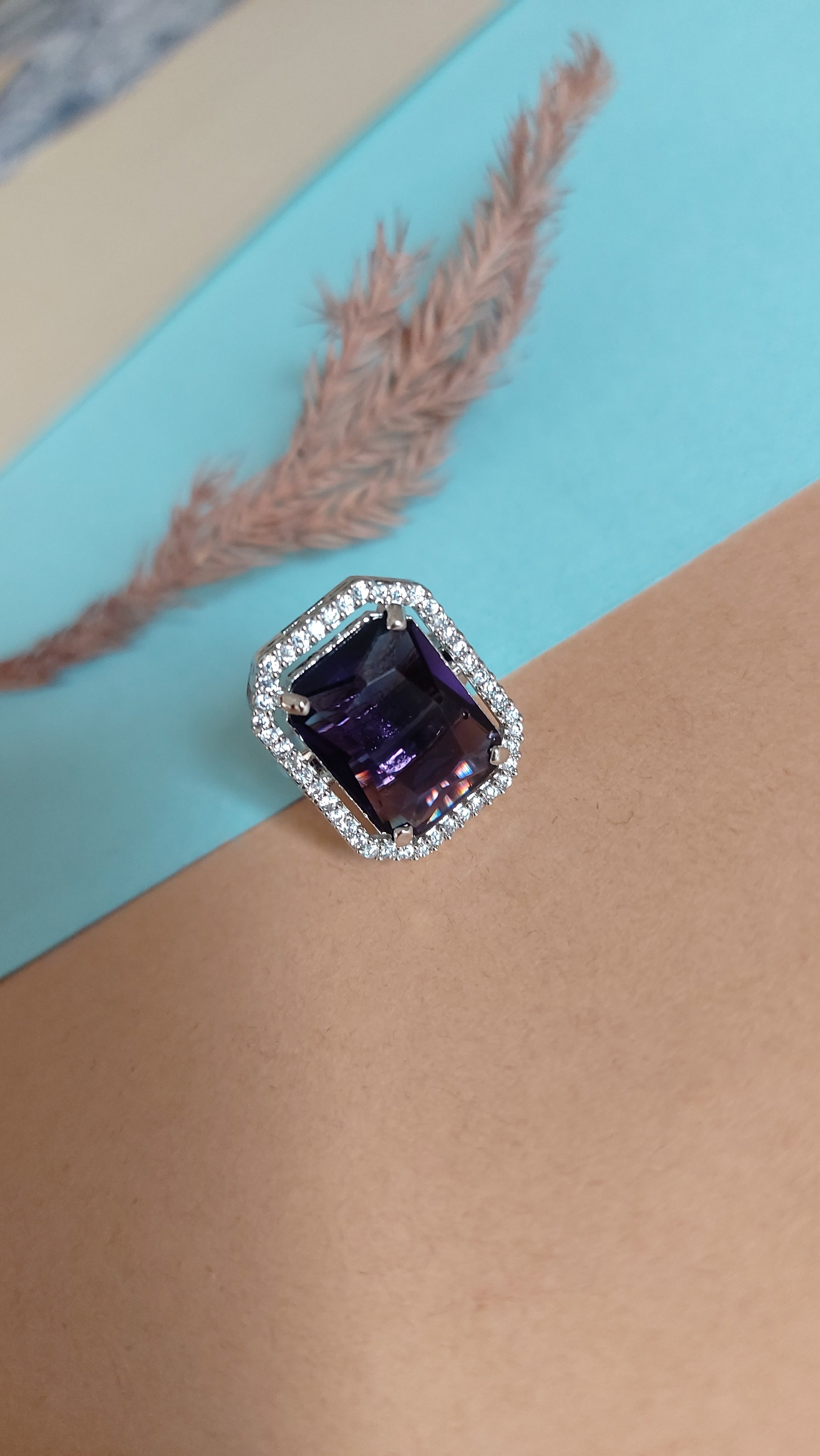 EMERALD CUT AMYTHYST STONE WITH AMERICAN DIAMOND ADJUSTABLE RING