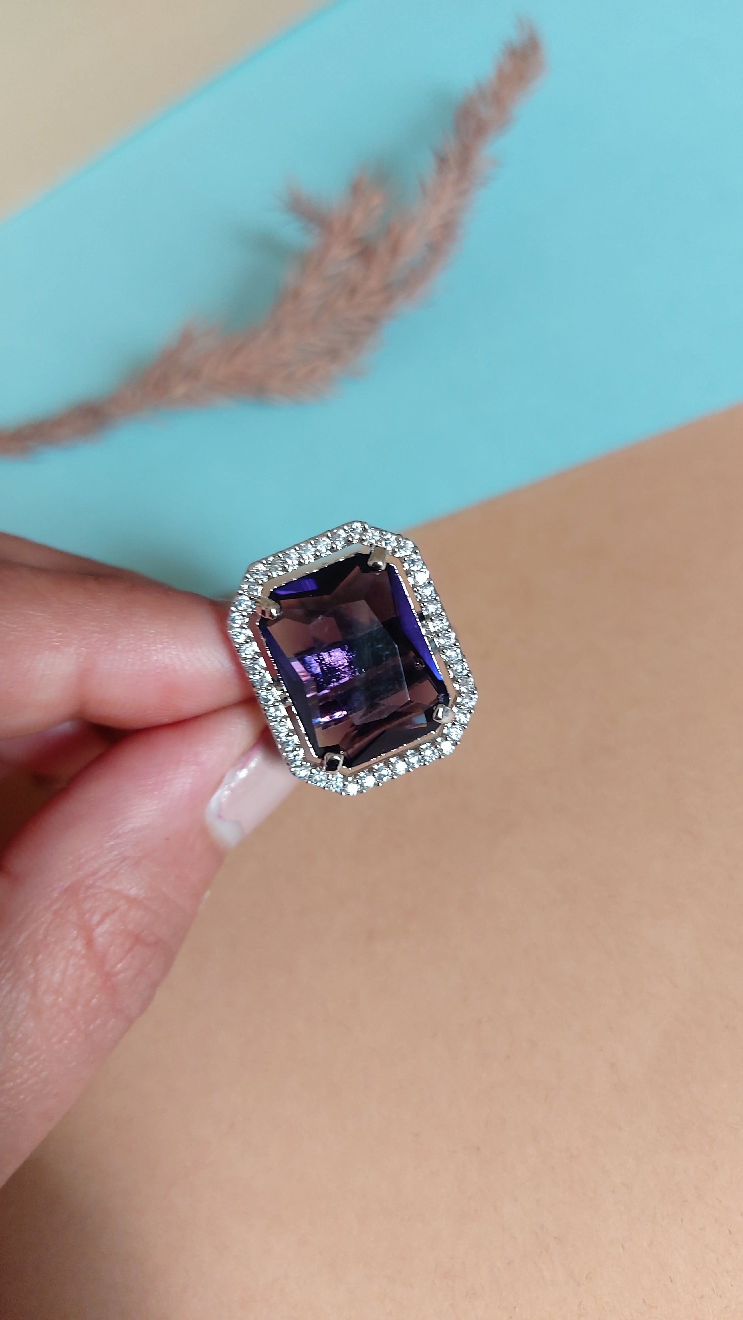 EMERALD CUT AMYTHYST STONE WITH AMERICAN DIAMOND ADJUSTABLE RING