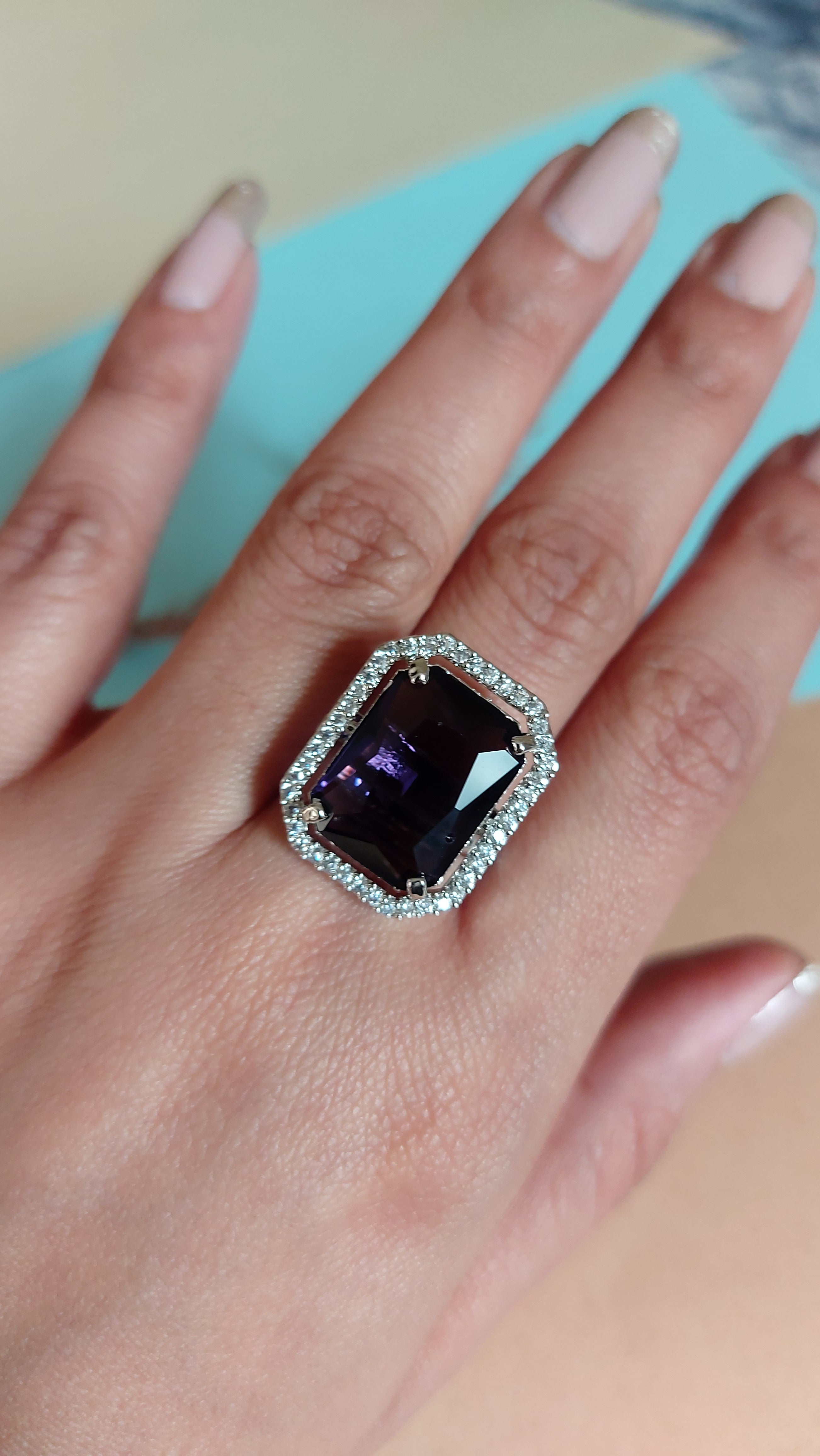 EMERALD CUT AMYTHYST STONE WITH AMERICAN DIAMOND ADJUSTABLE RING