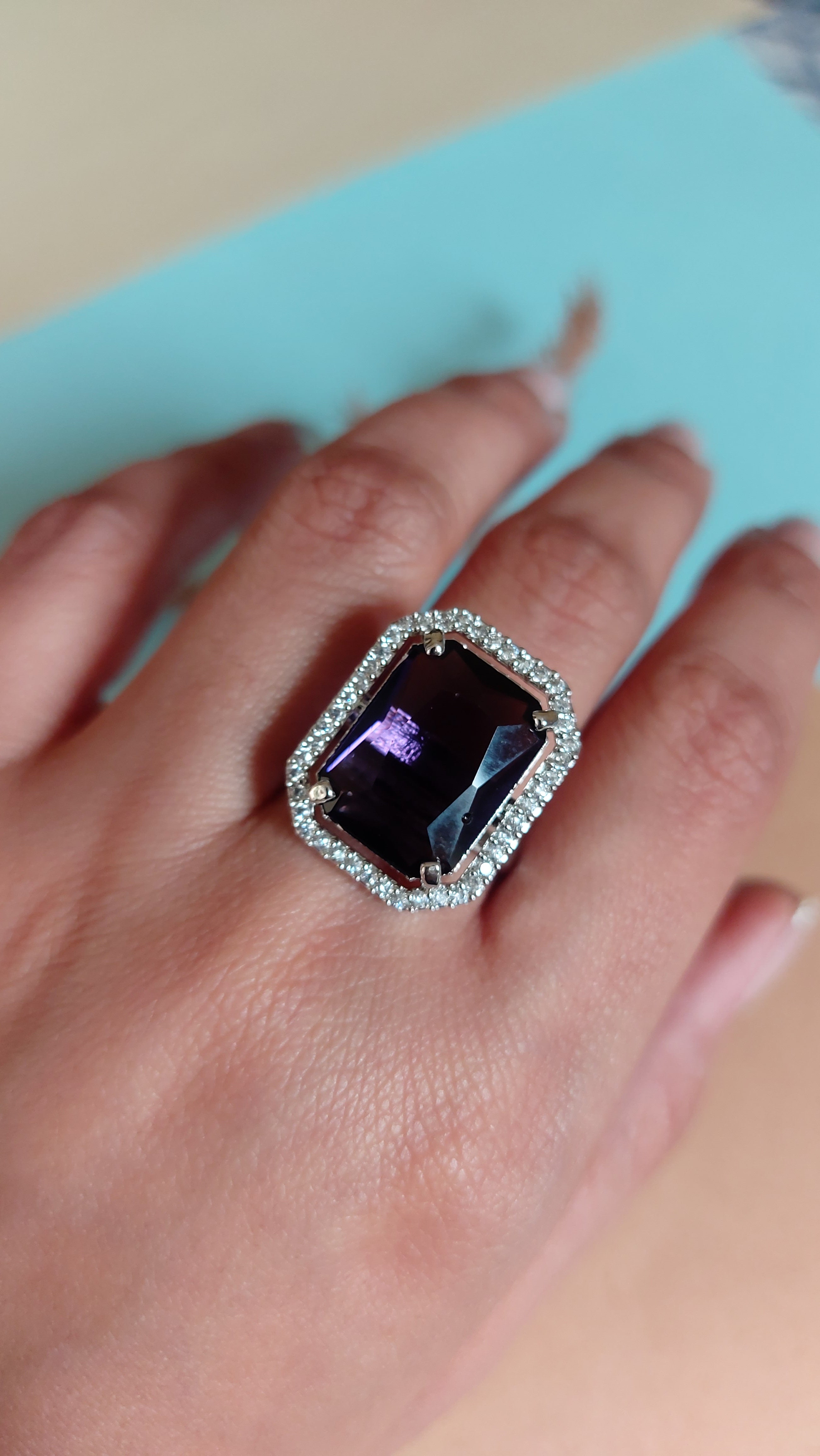 EMERALD CUT AMYTHYST STONE WITH AMERICAN DIAMOND ADJUSTABLE RING