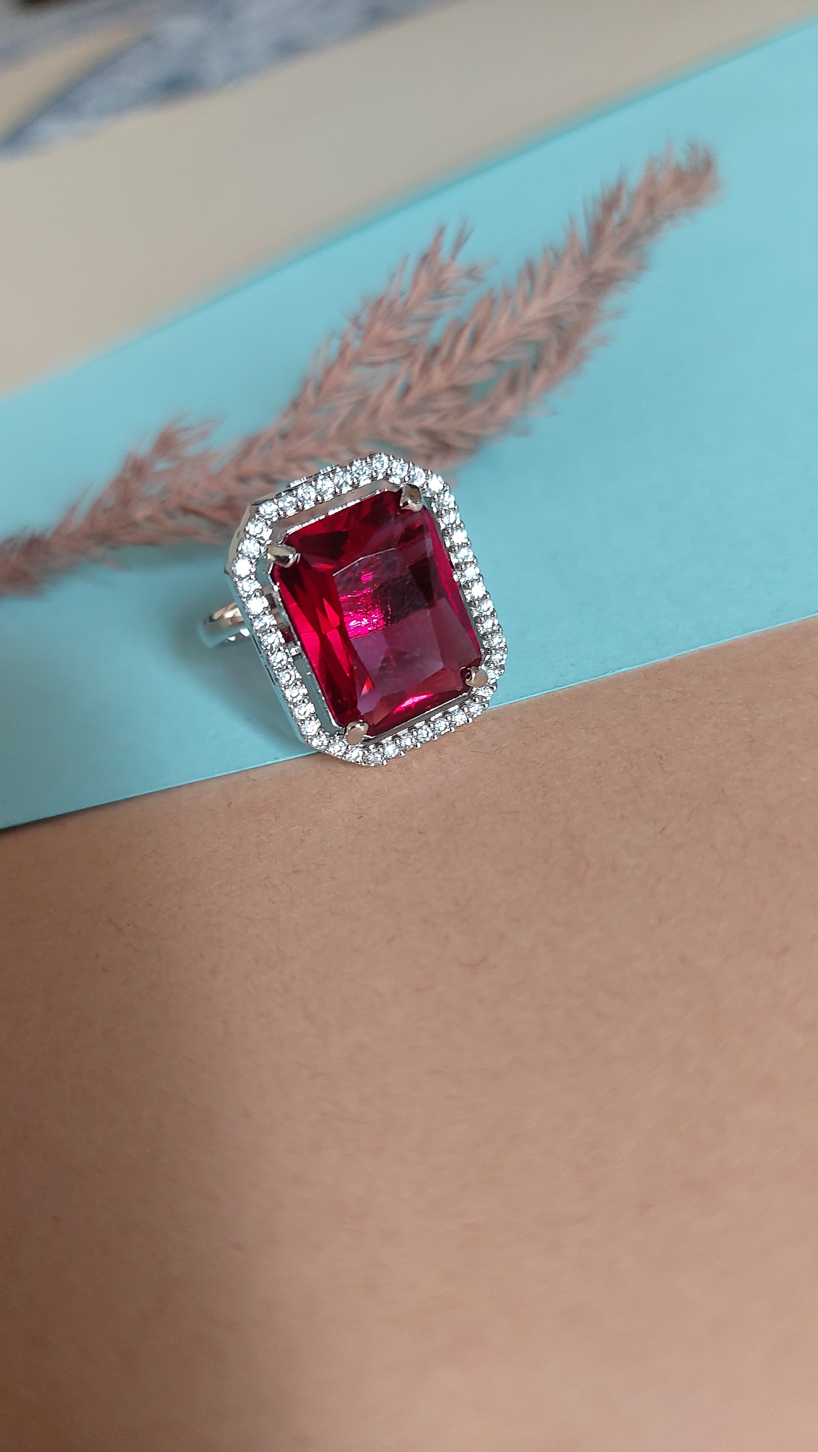 EMERALD CUT RUBY STONE WITH AMERICAN DIAMOND ADJUSTABLE RING