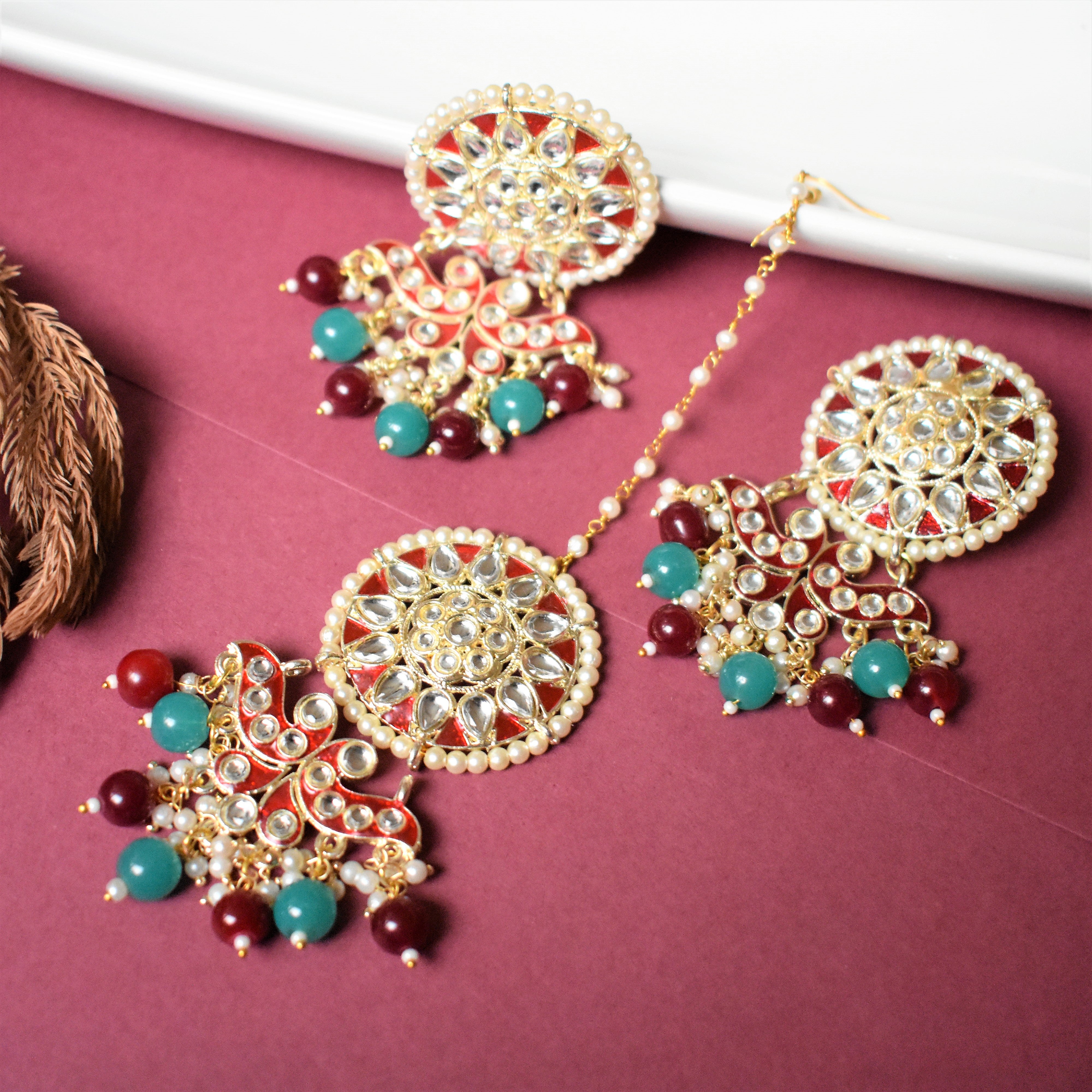 KUNDAN AND ENAMEL EARRING AND MANGTIKKA SET