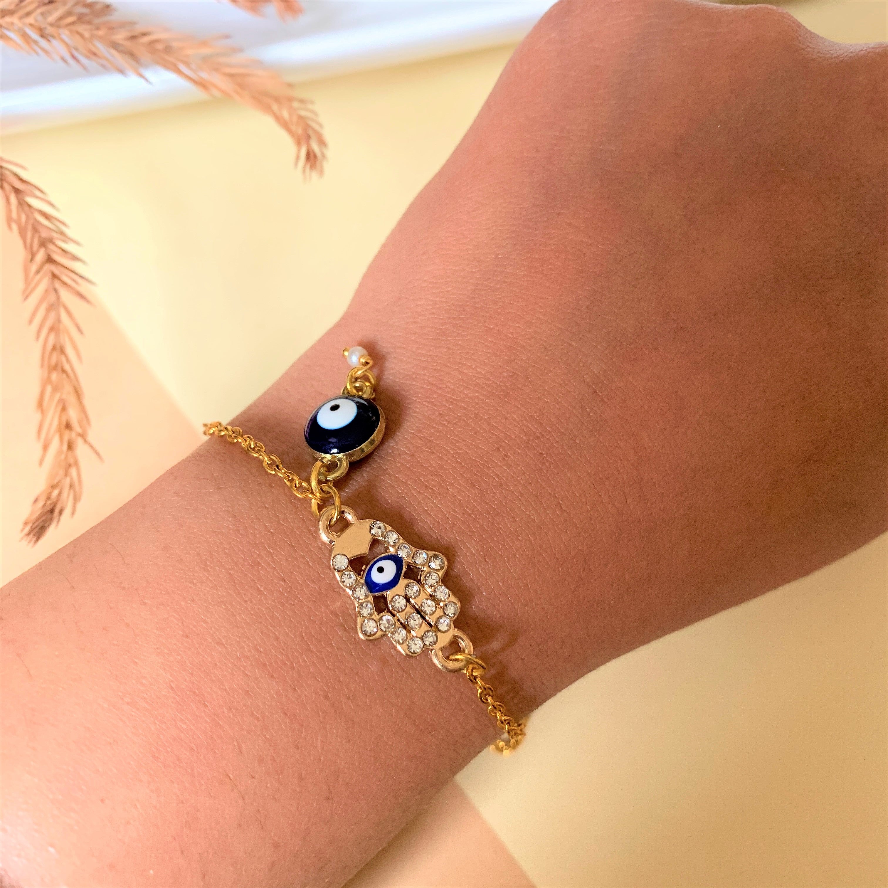 HAMSA HAND EVIL EYE BRACELET WITH HANGING CHARM