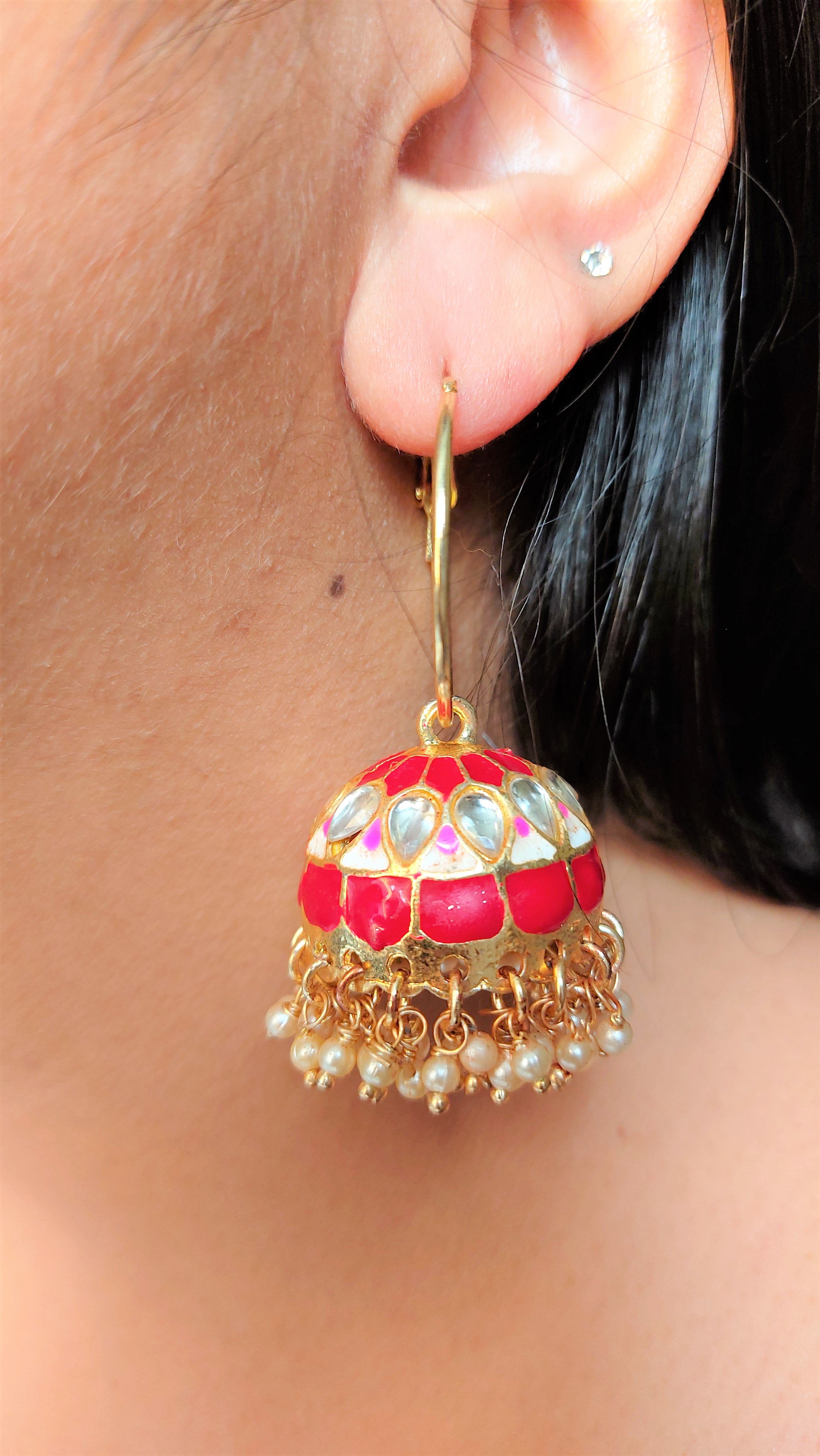 ENAMEL JHUMKA HOOP EARRING WITH KUNDAN ELEMENTS