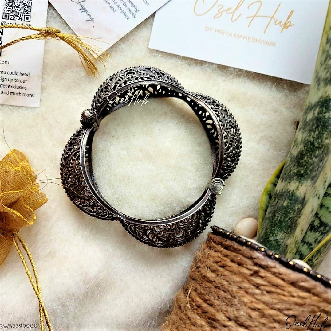 OXIDISED SILVER CARVED KADA