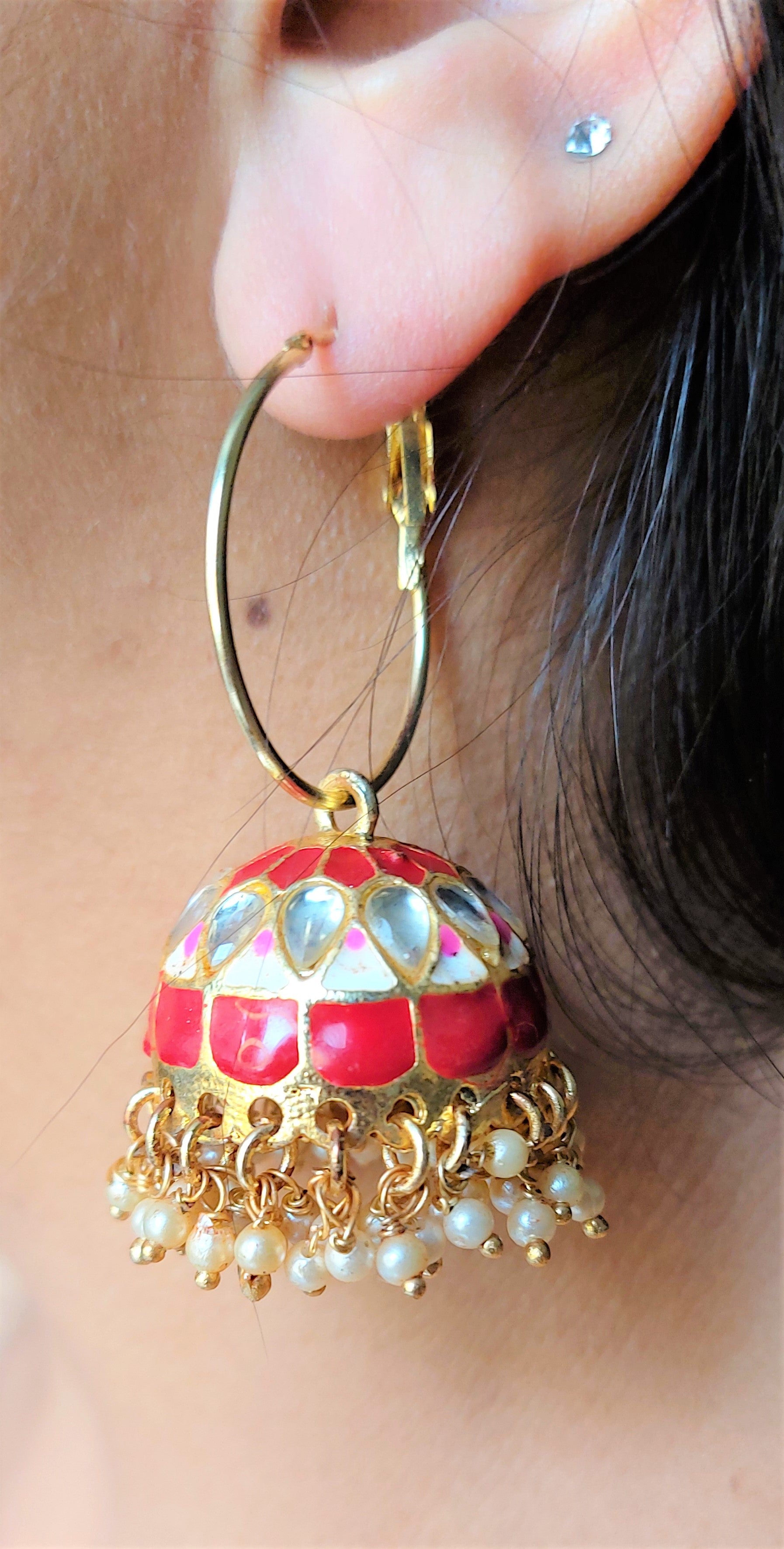 ENAMEL JHUMKA HOOP EARRING WITH KUNDAN ELEMENTS