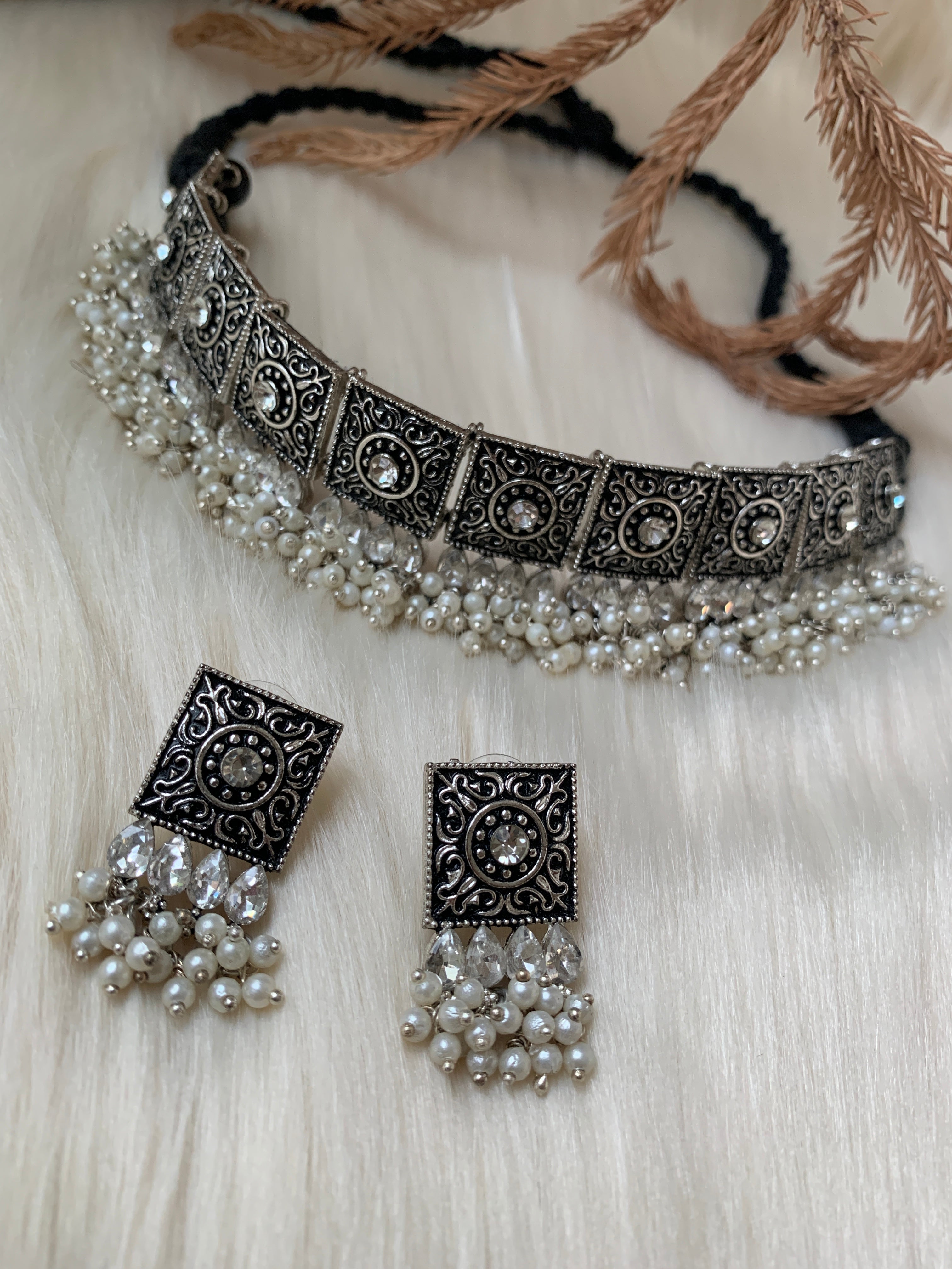 Oxidised Silver Long Necklace Set