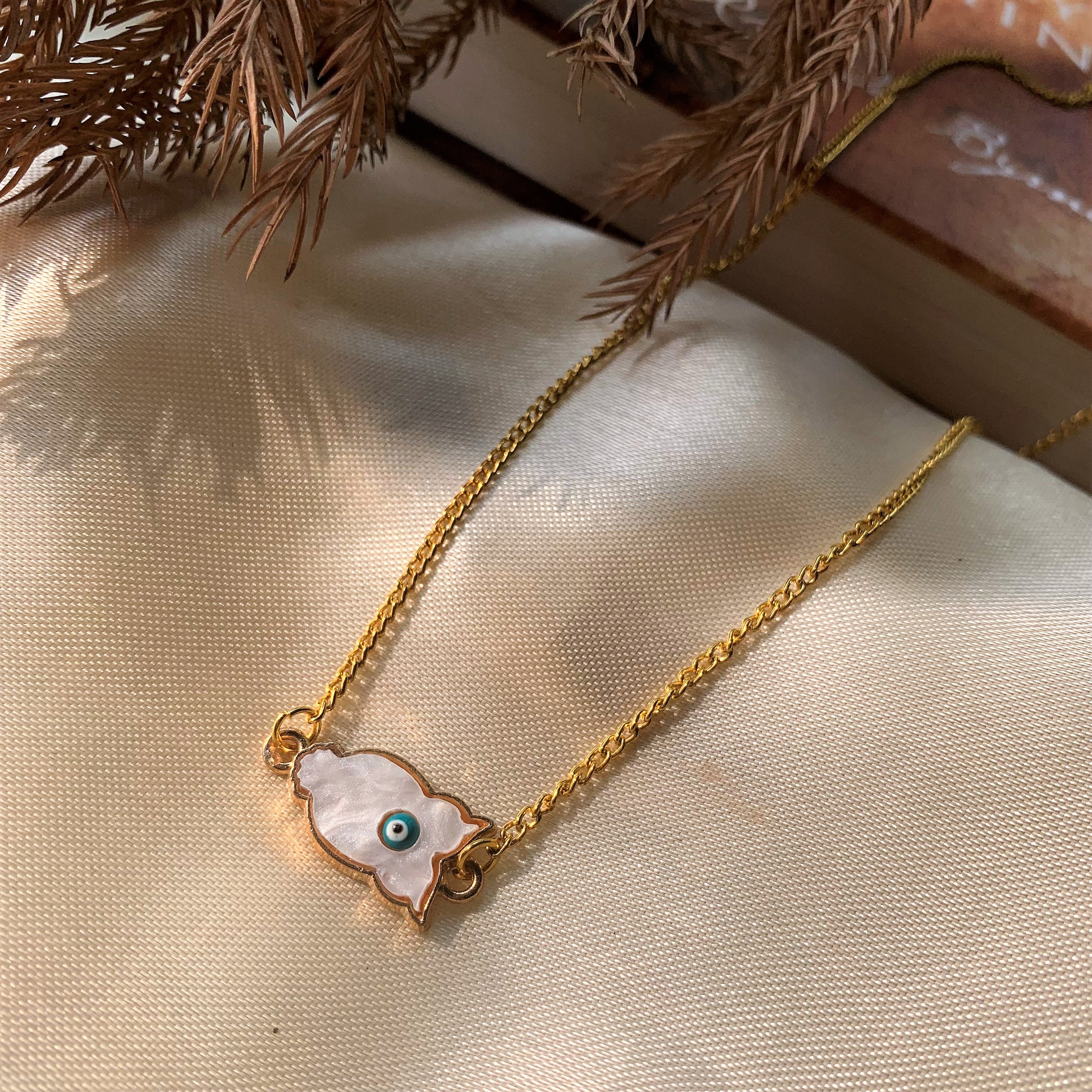 Evil Eye Pendant with Owl Element on Mother of Pearl