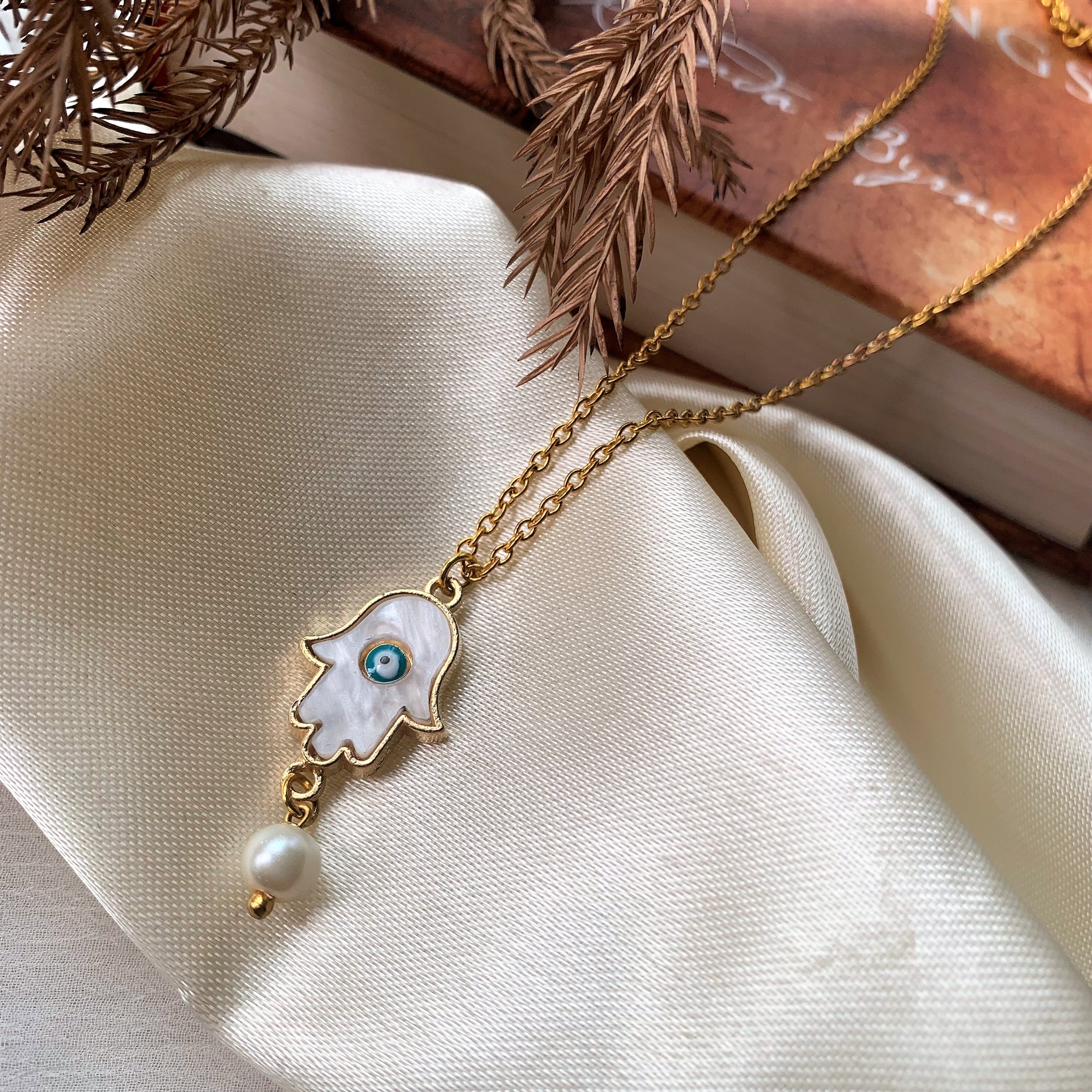 Hamsa Hand Evil Eye with Pearl Drop Pendant