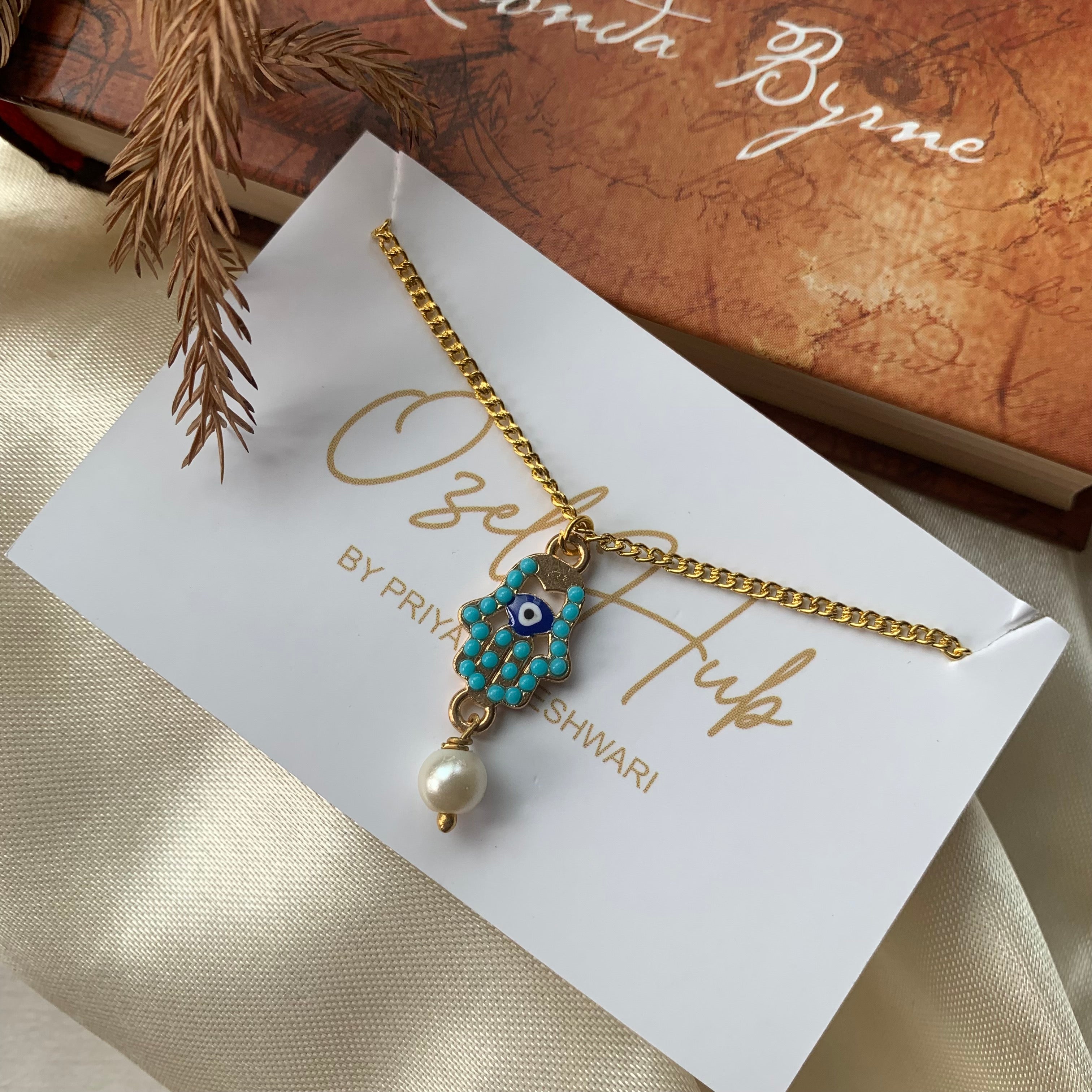 Turquoise Hamsa Hand with Evil Eye and Pearl Drop Pendant