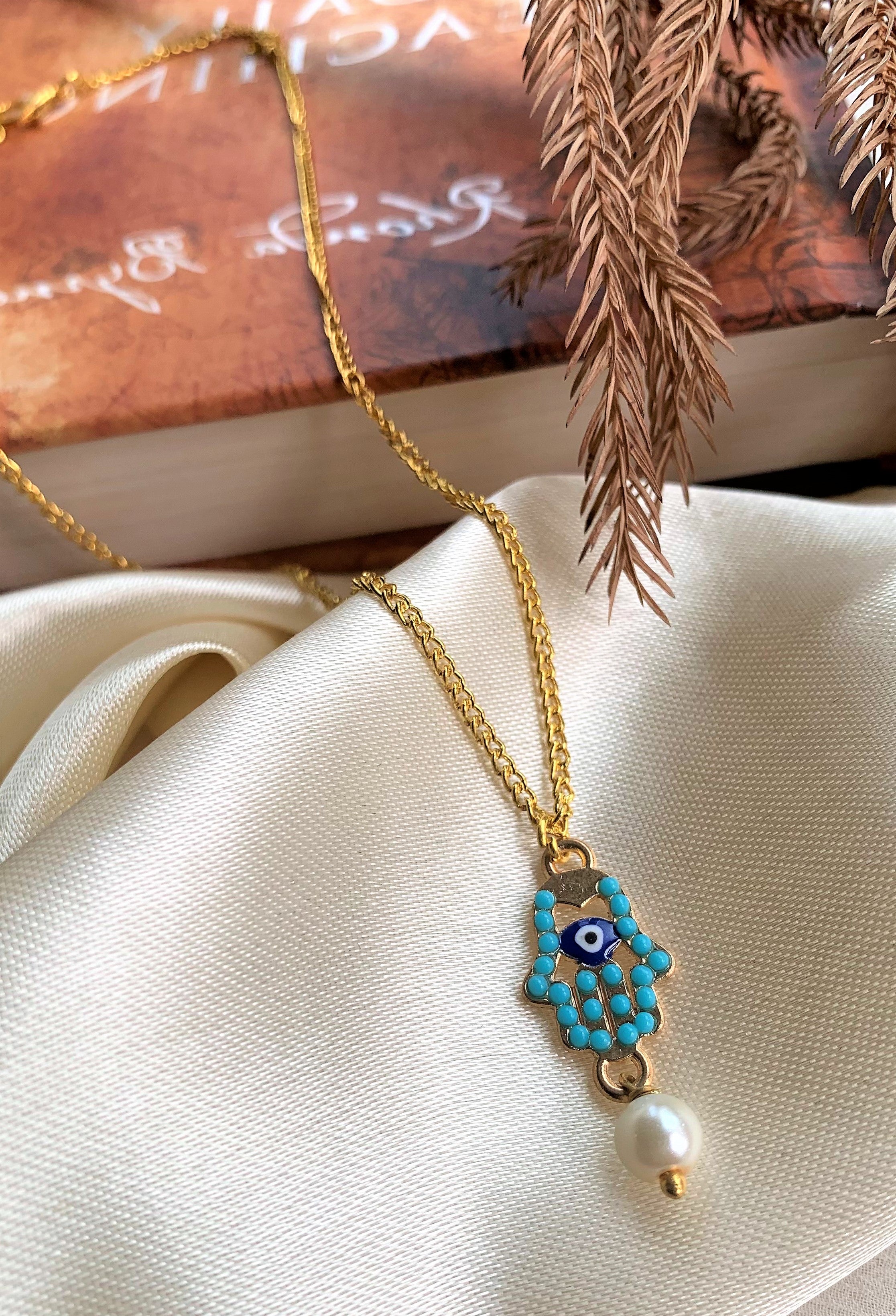 Turquoise Hamsa Hand with Evil Eye and Pearl Drop Pendant