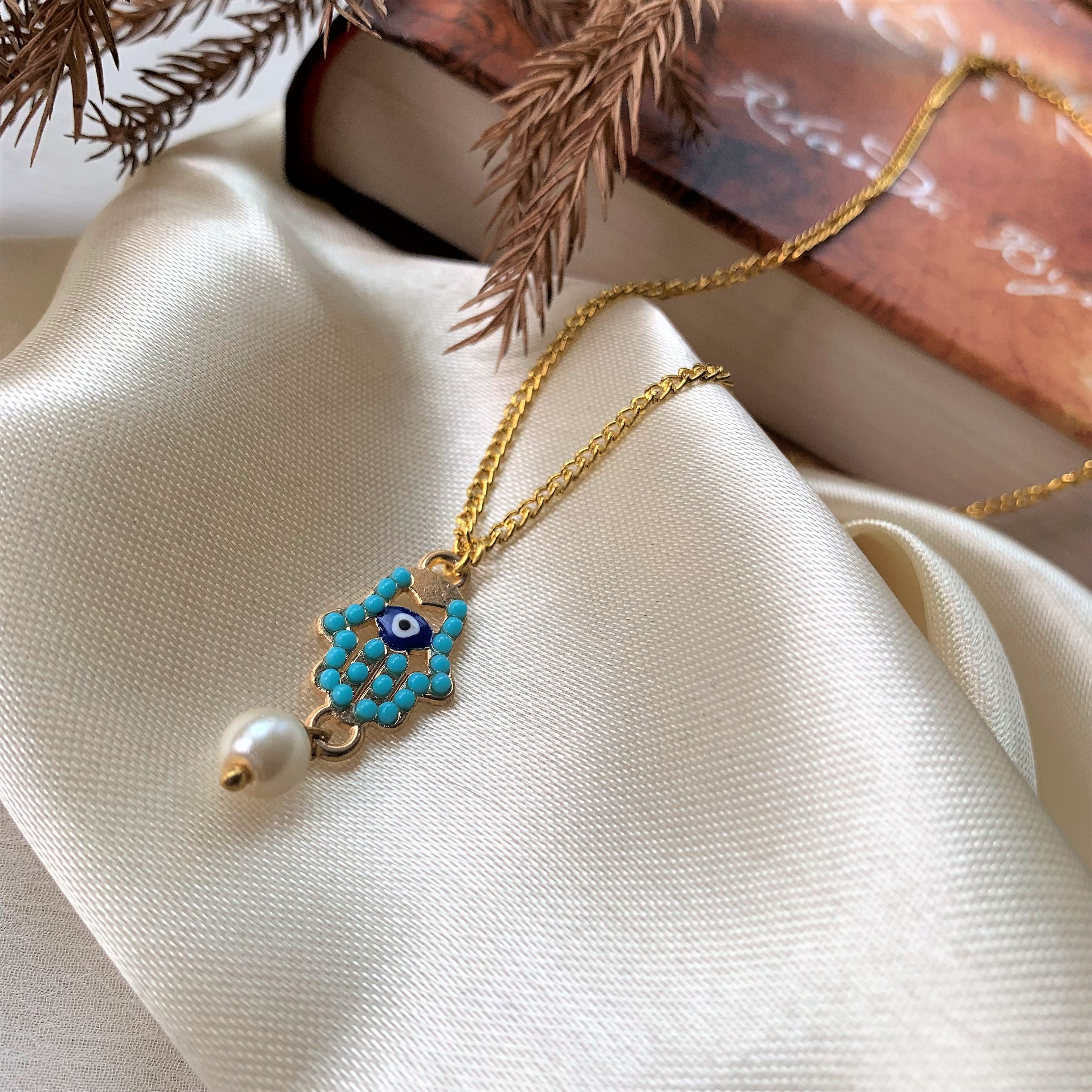 Turquoise Hamsa Hand with Evil Eye and Pearl Drop Pendant
