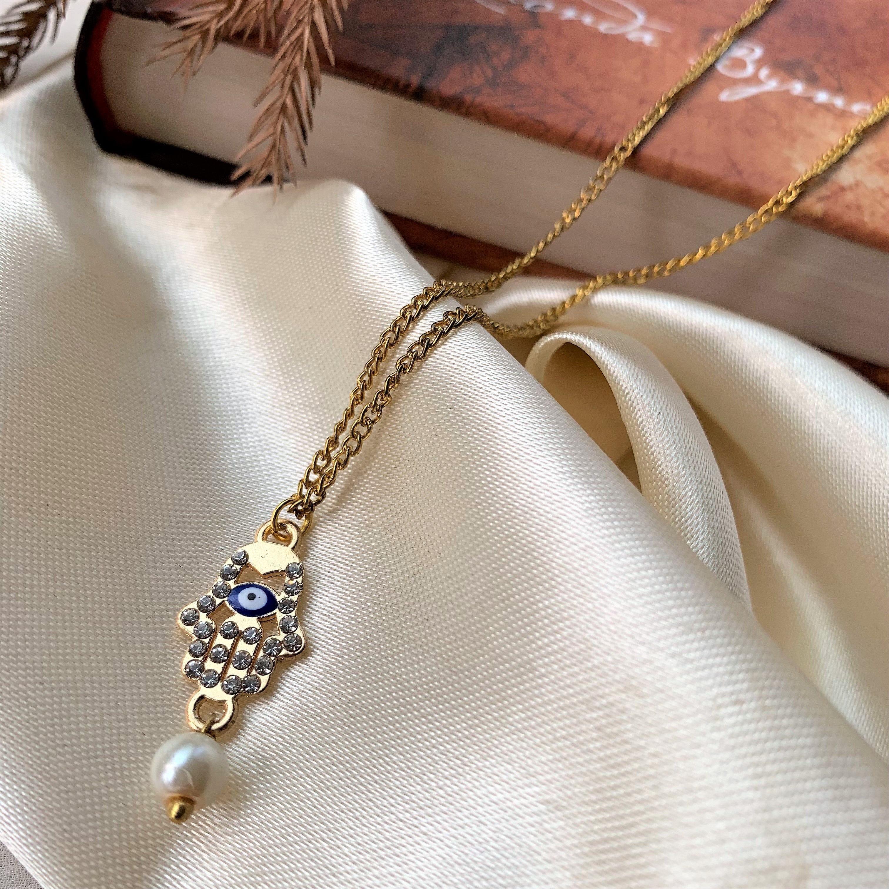 Hamsa Hand with Evil Eye and Pearl Drop Pendant