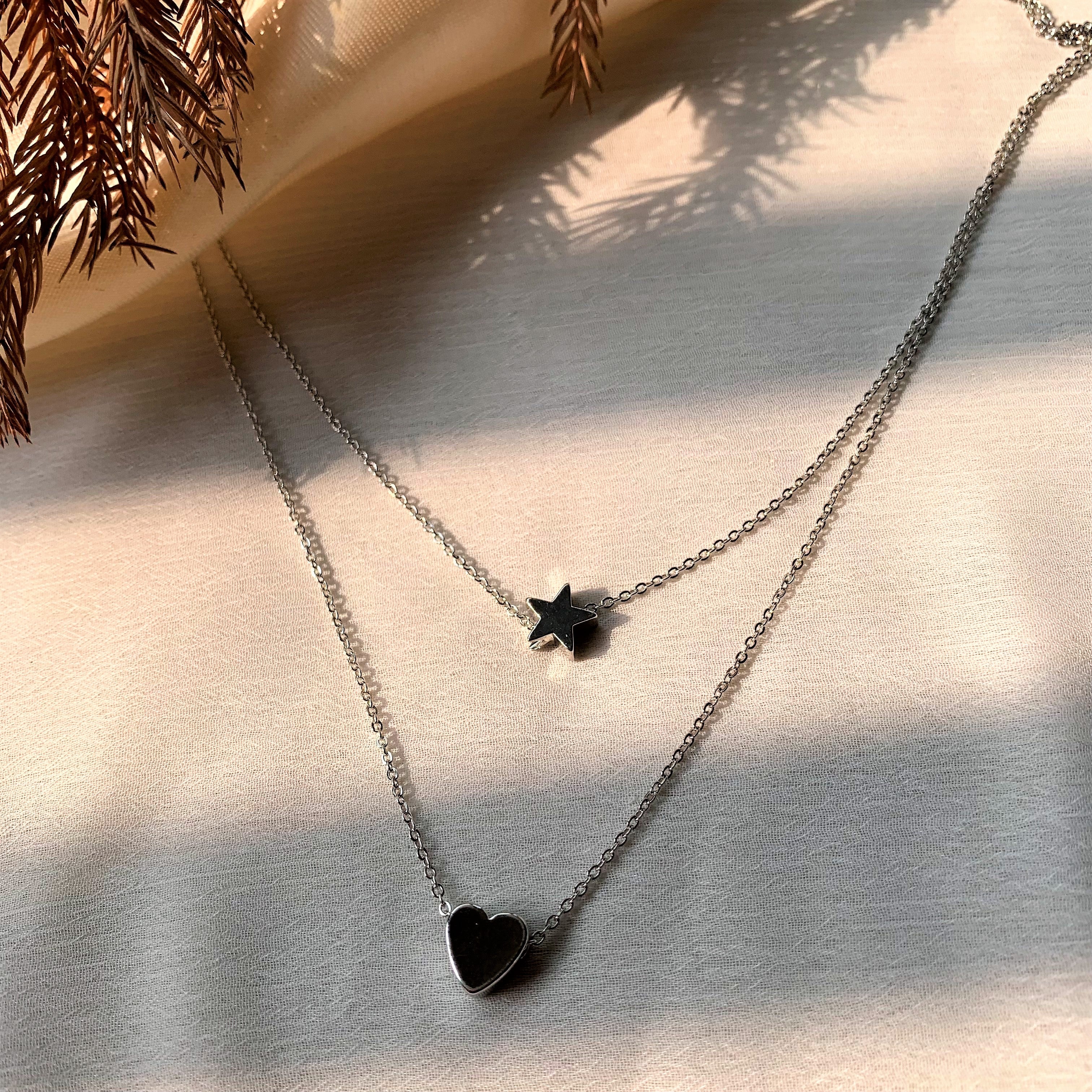 Silver Plated Star and Heart Element Double Layered Pendant