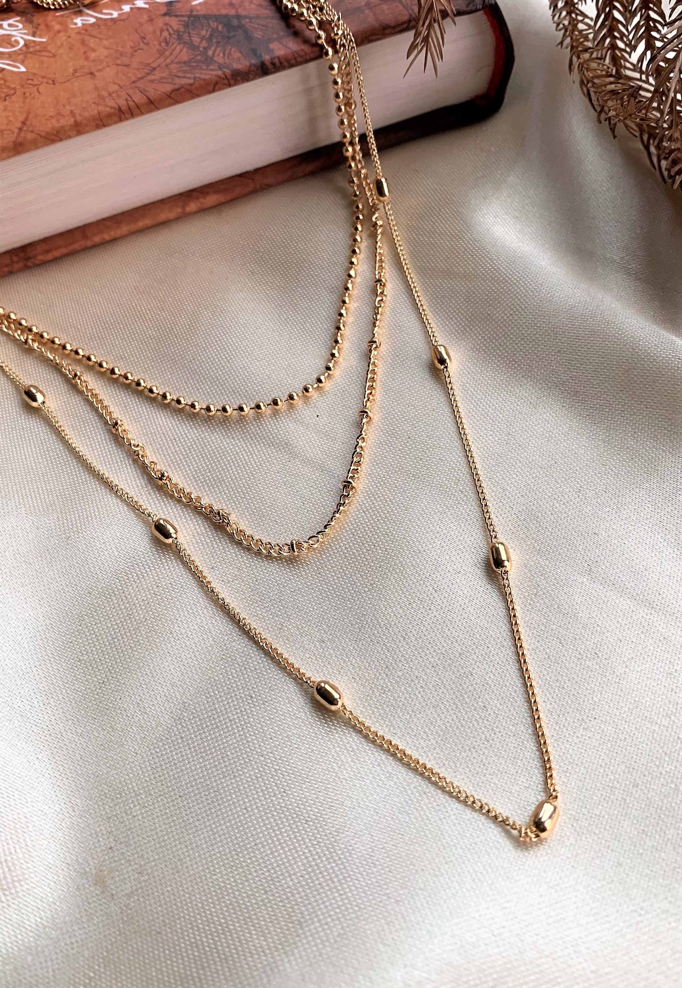 Multi Designer Chain Gold Plated Triple Layered Necklace