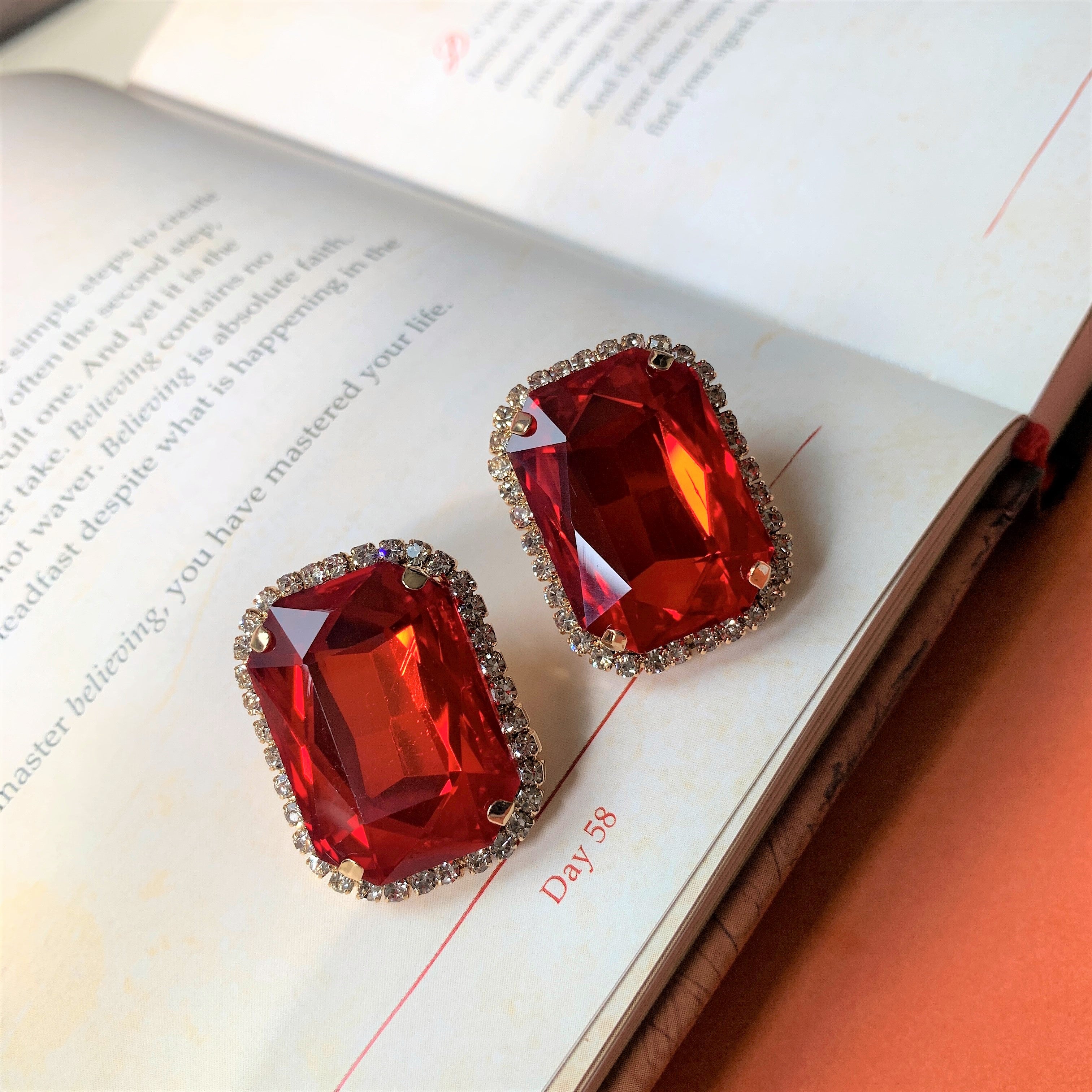 Red Big Emerald Cut Stone with American Diamonds Over Sized Ear Studs