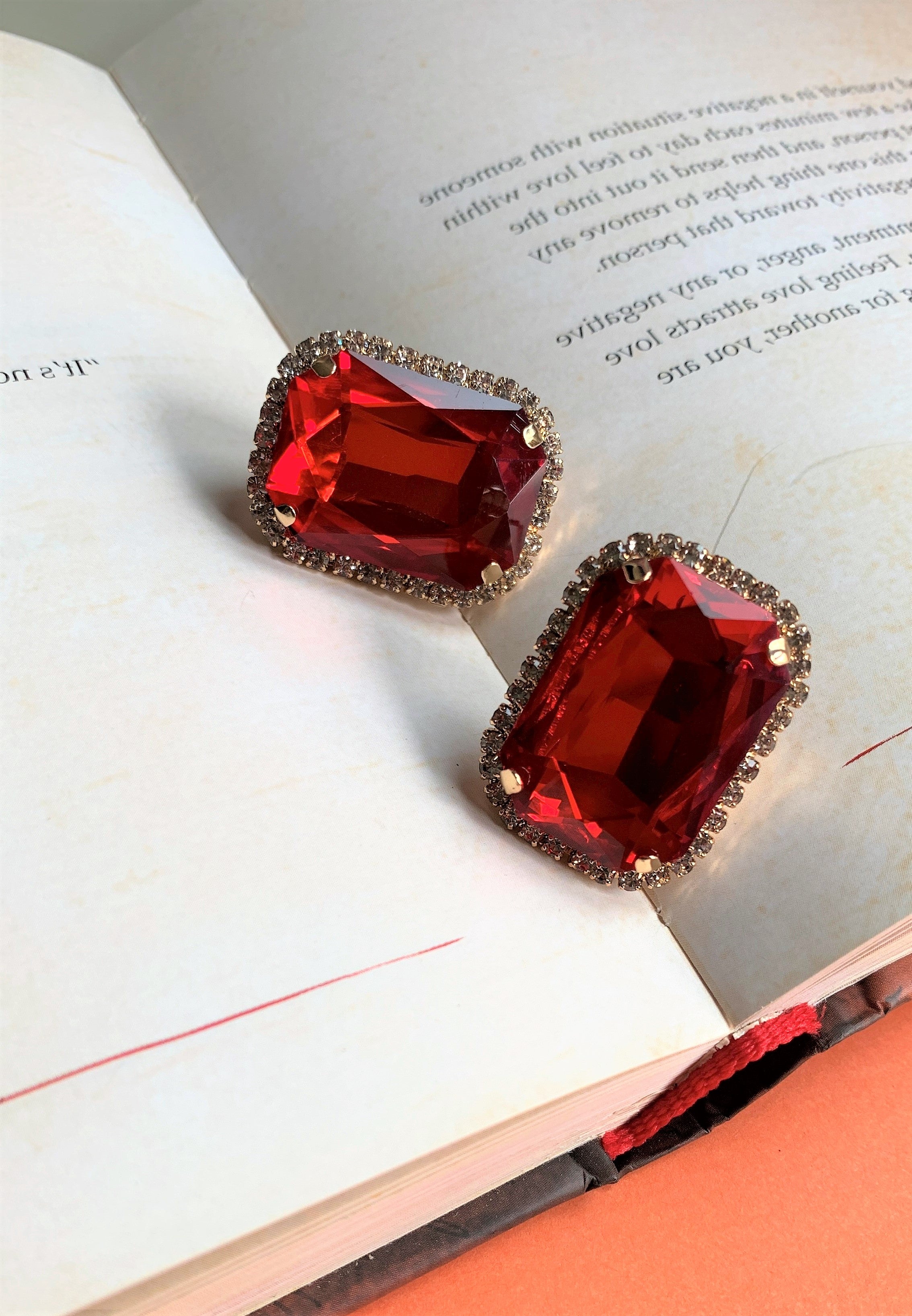 Red Big Emerald Cut Stone with American Diamonds Over Sized Ear Studs