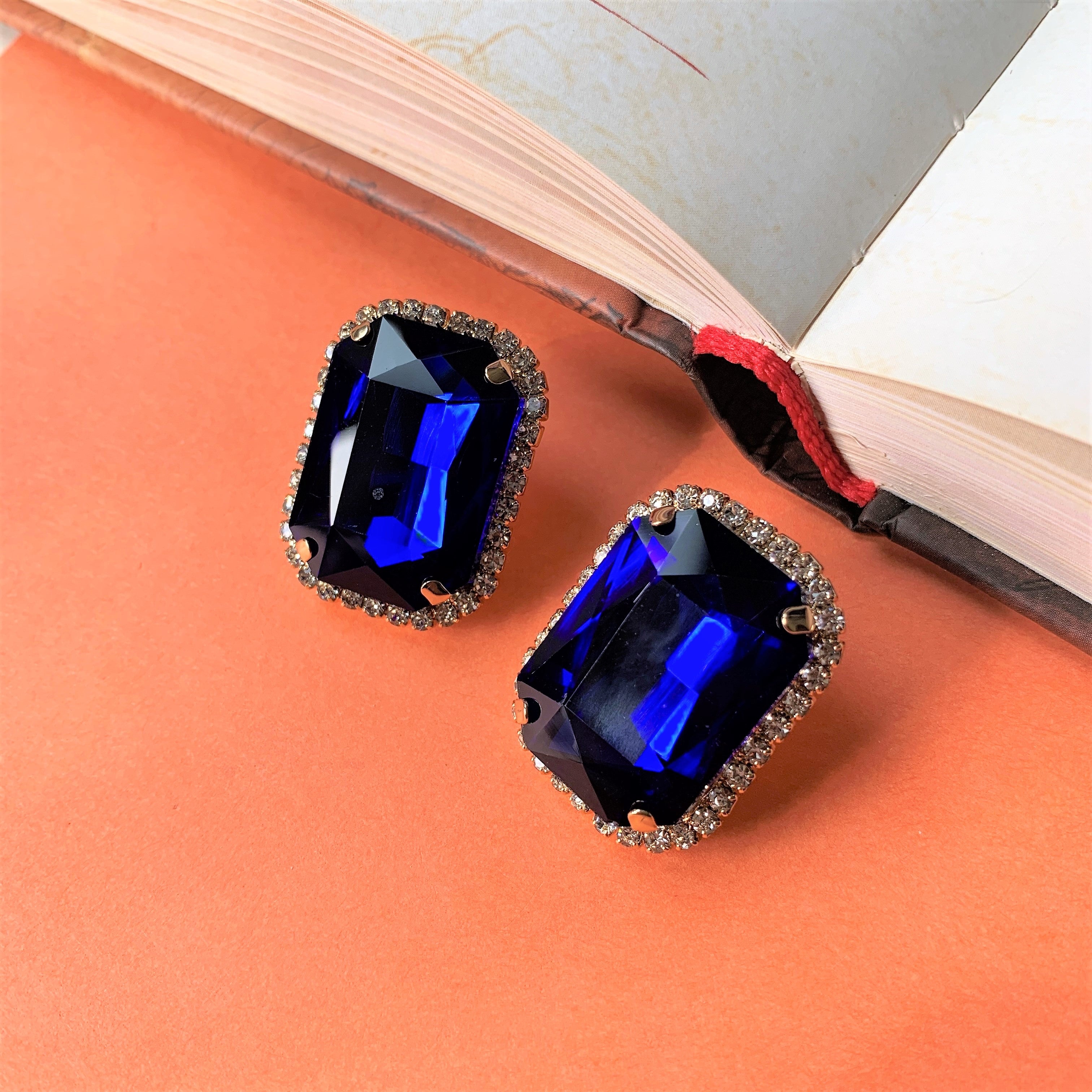 Blue Big Emerald Cut Stone with American Diamonds Over Sized Ear Studs