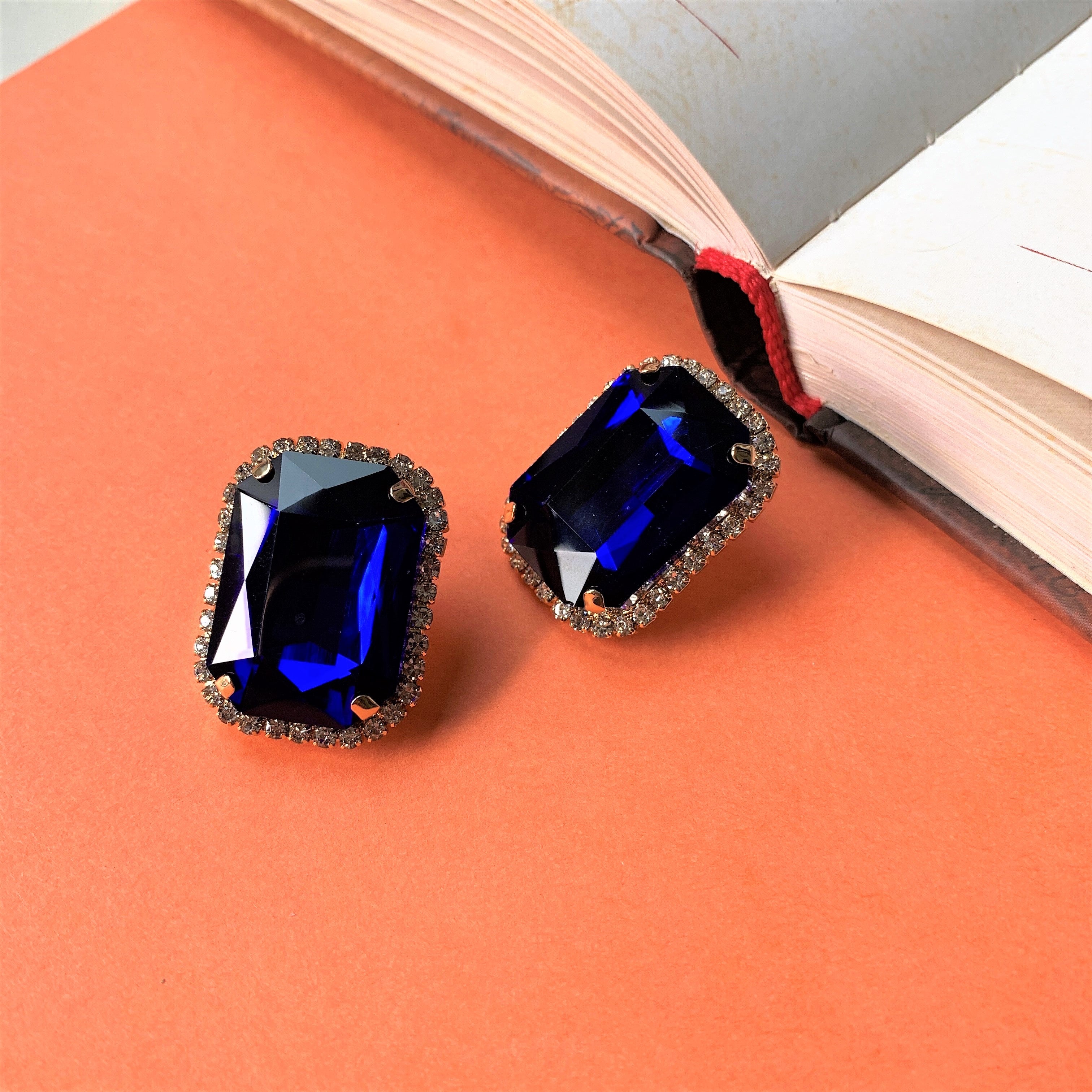 Blue Big Emerald Cut Stone with American Diamonds Over Sized Ear Studs