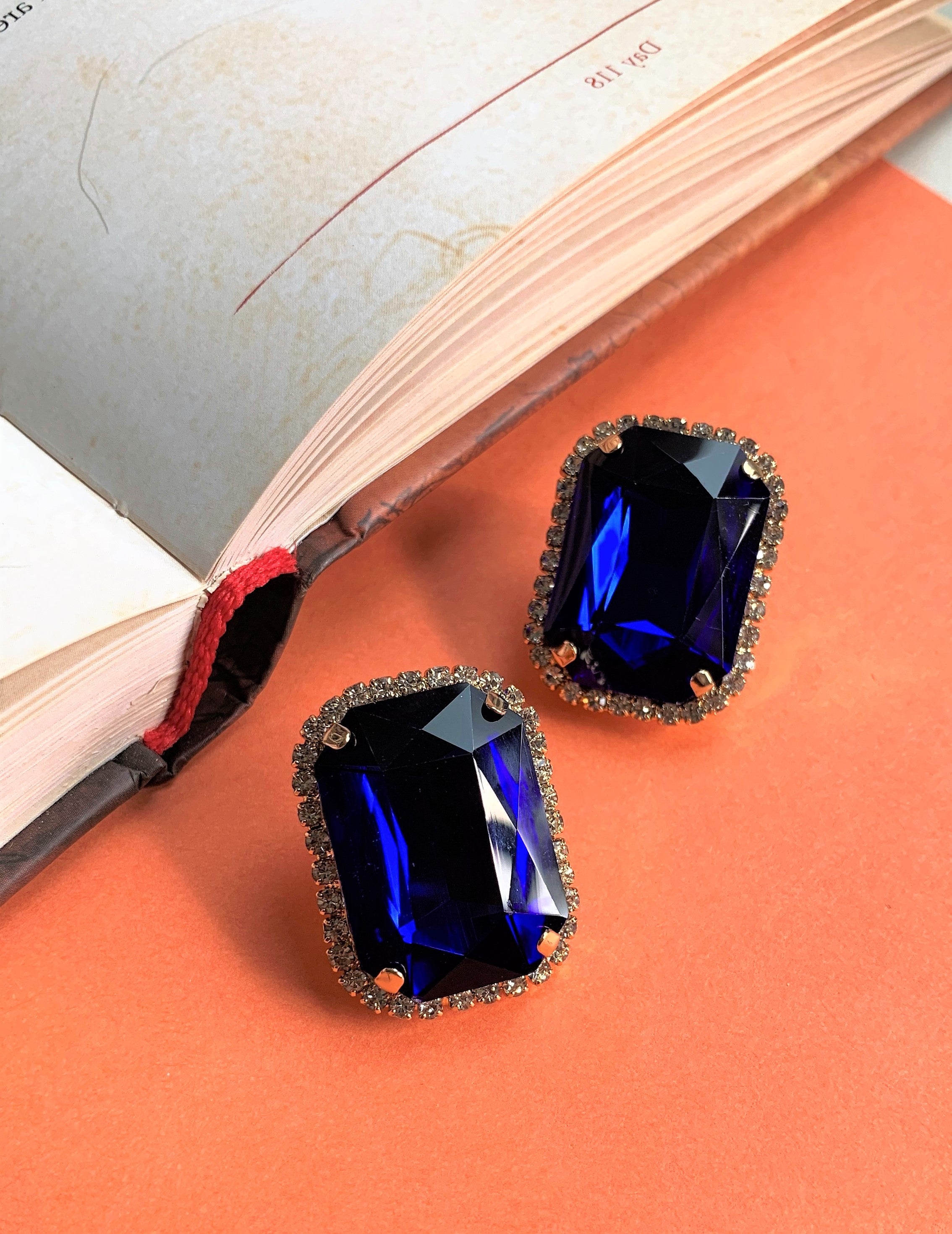 Blue Big Emerald Cut Stone with American Diamonds Over Sized Ear Studs