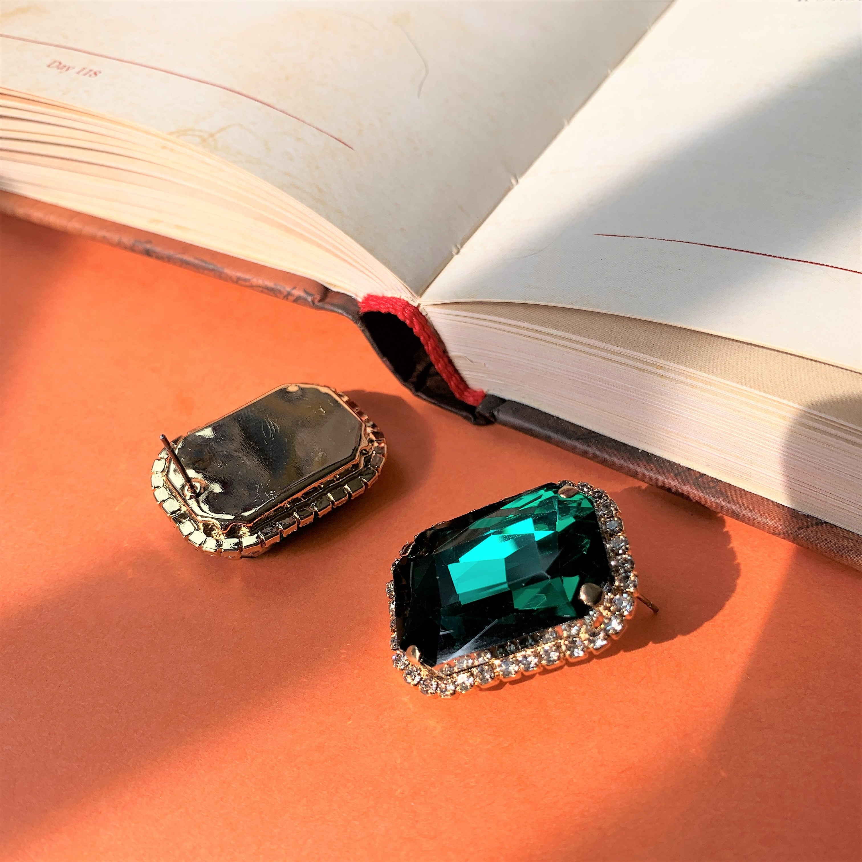 Green Big Emerald Cut Stone with American Diamonds Over Sized Ear Studs