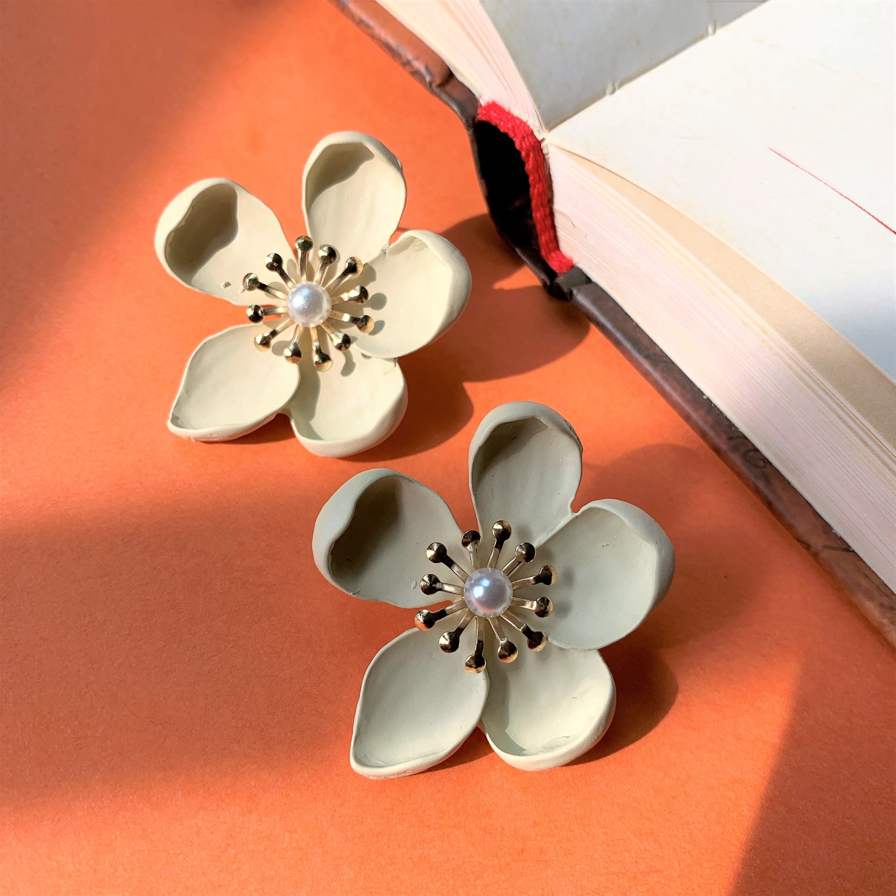 Beige Colored Flower Over Sized Ear Studs