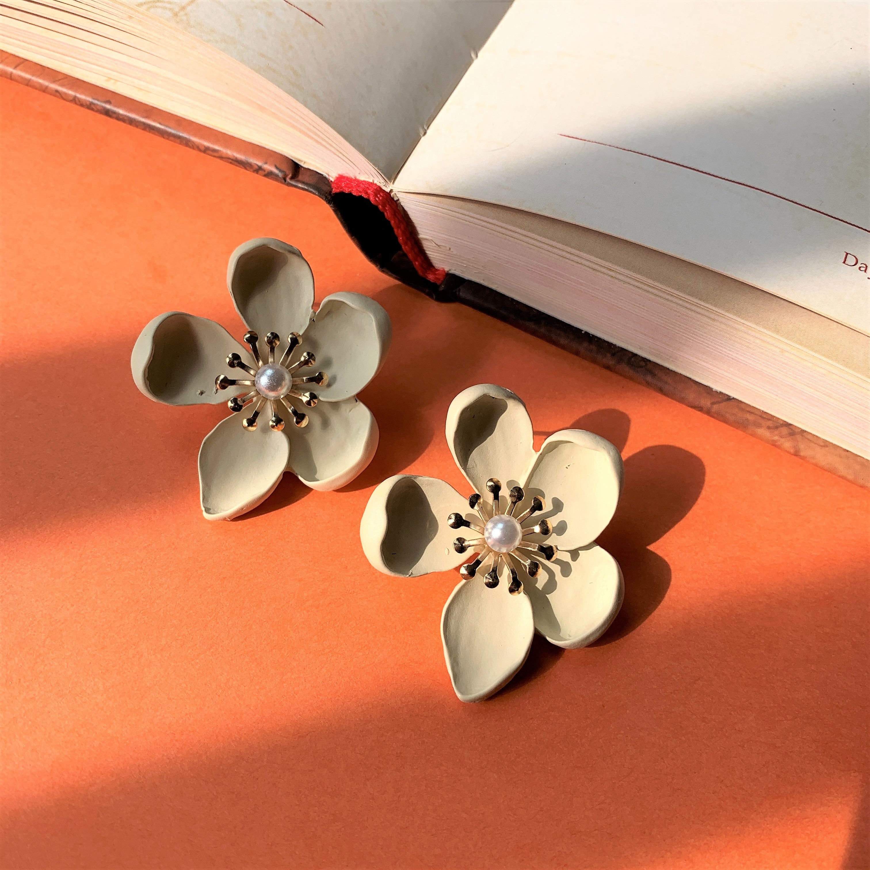 Beige Colored Flower Over Sized Ear Studs