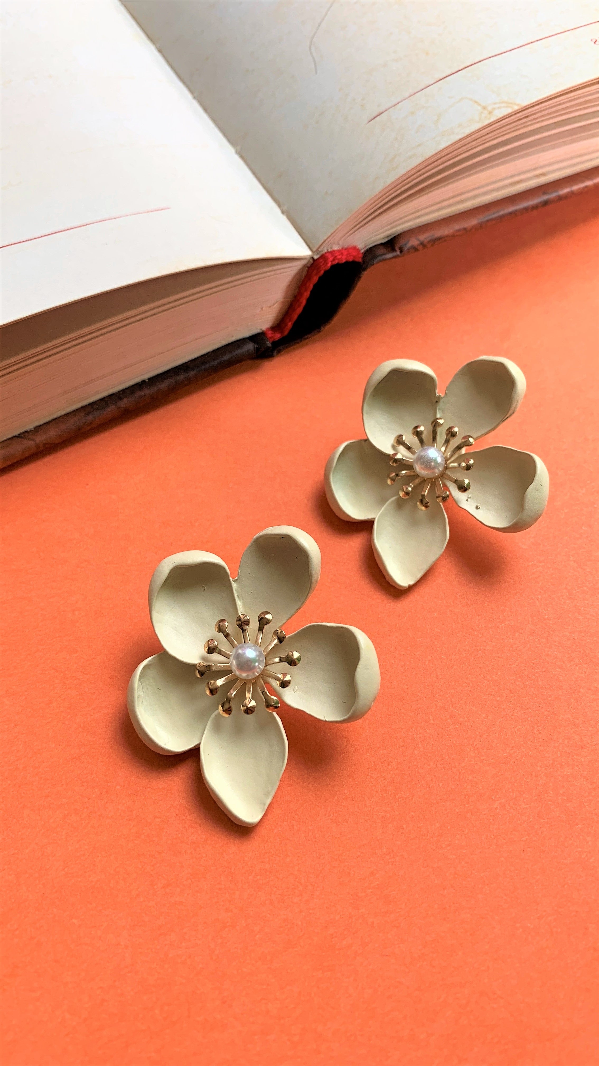 Beige Colored Flower Over Sized Ear Studs