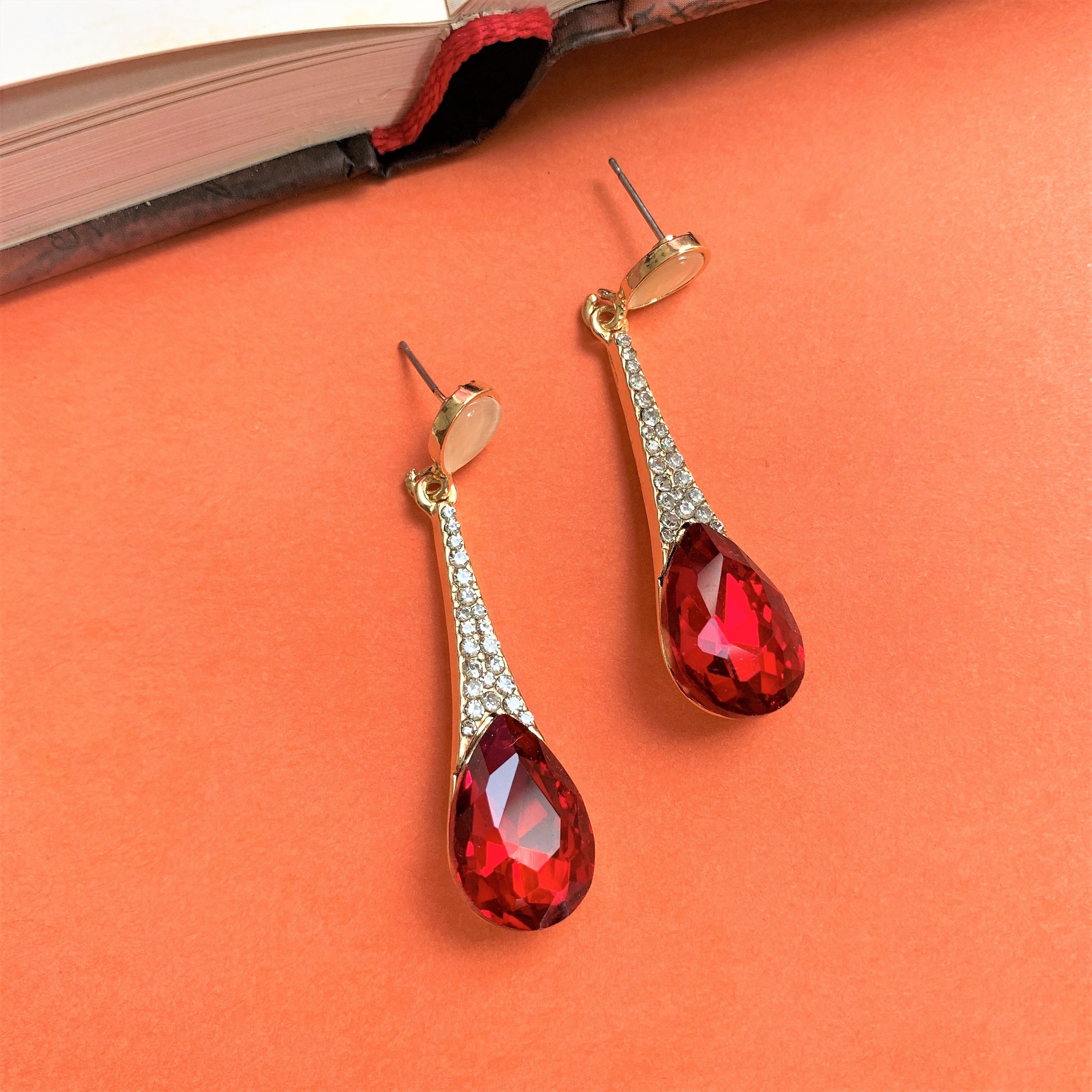 Pear Cut Red Stone Dangling Earring with American Diamonds