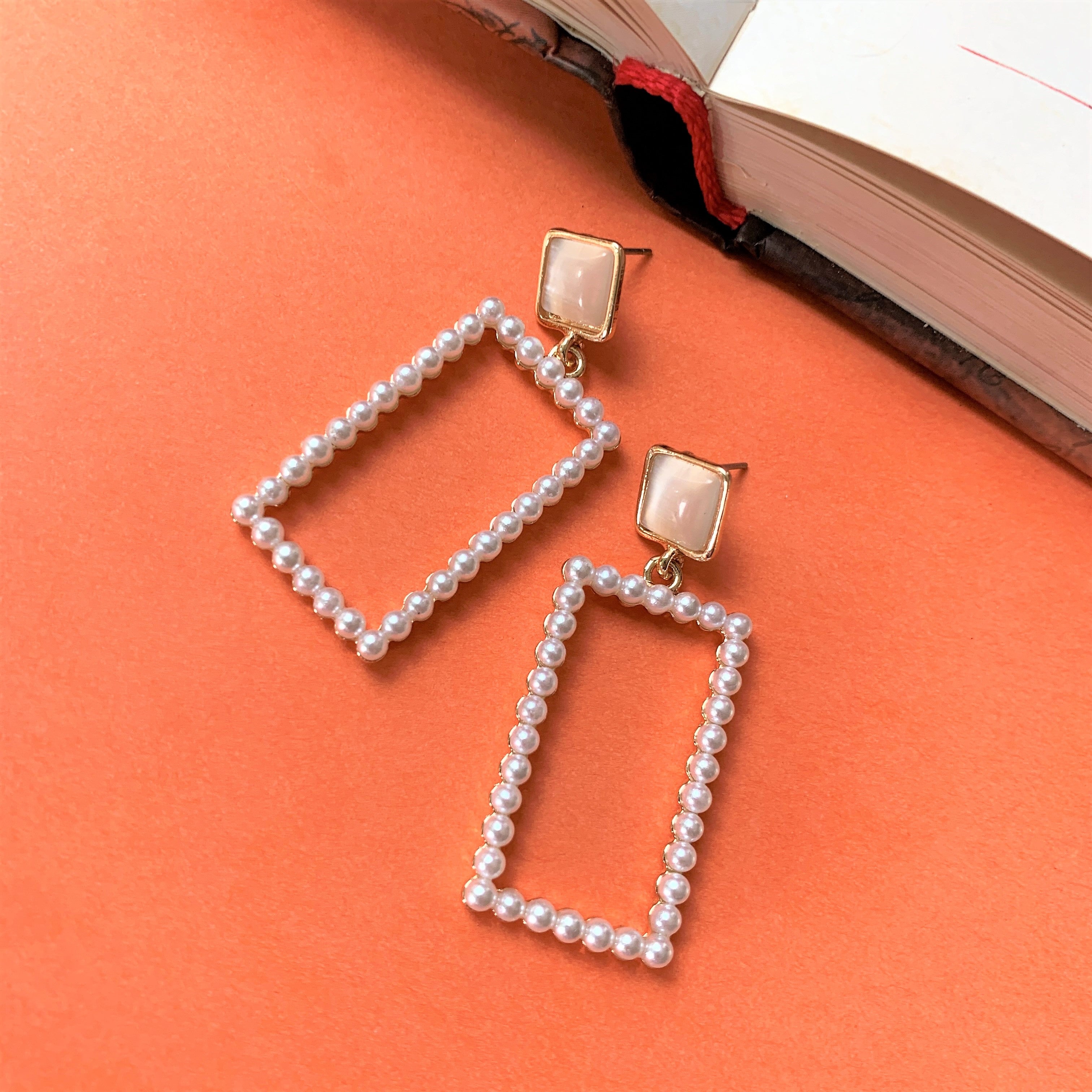 Gold Plated Pearl Rectangular Dangler Earring