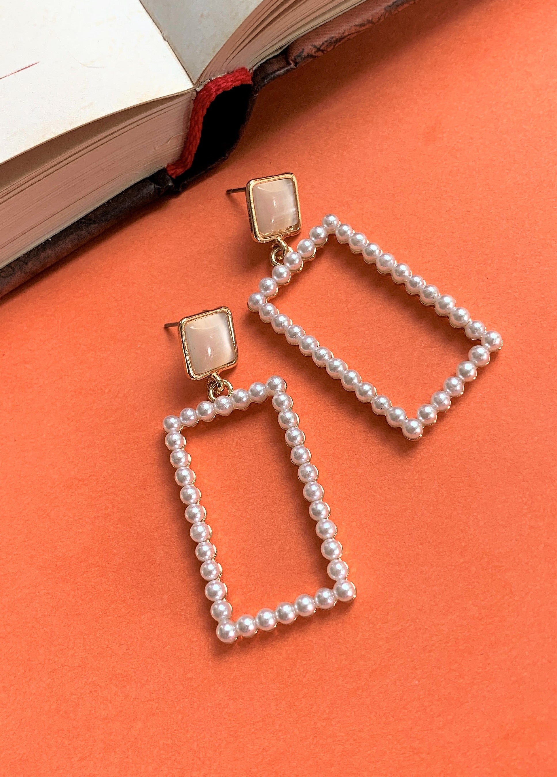 Gold Plated Pearl Rectangular Dangler Earring