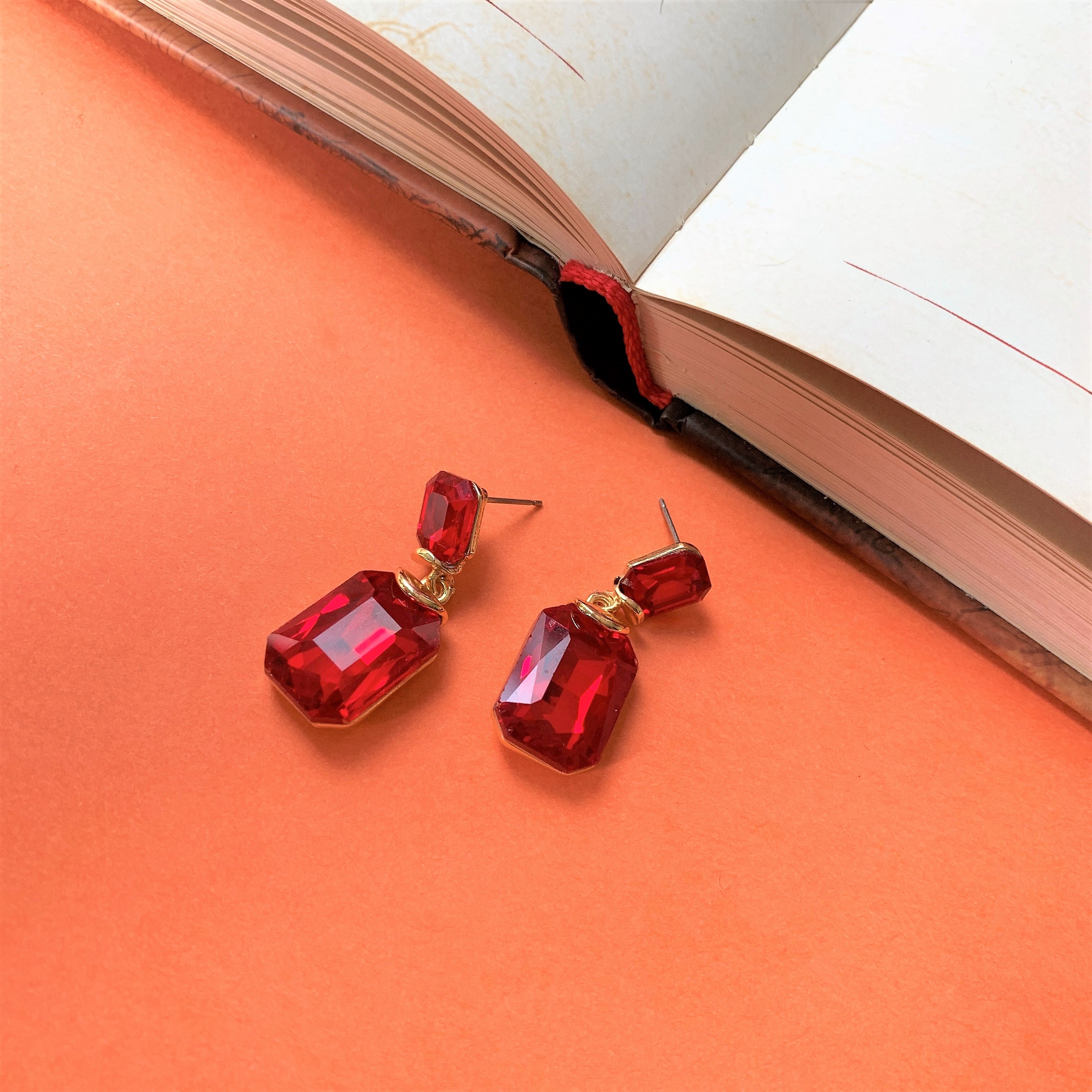 Emerald Cut Red Stone Dangling Earring