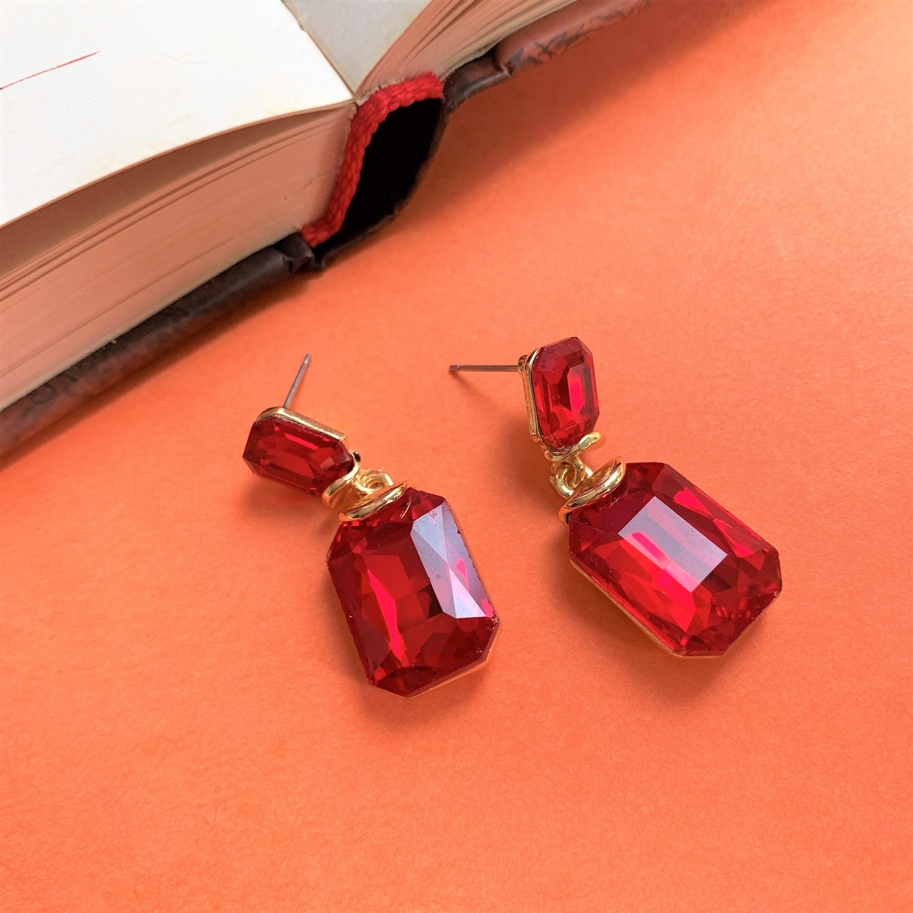 Emerald Cut Red Stone Dangling Earring