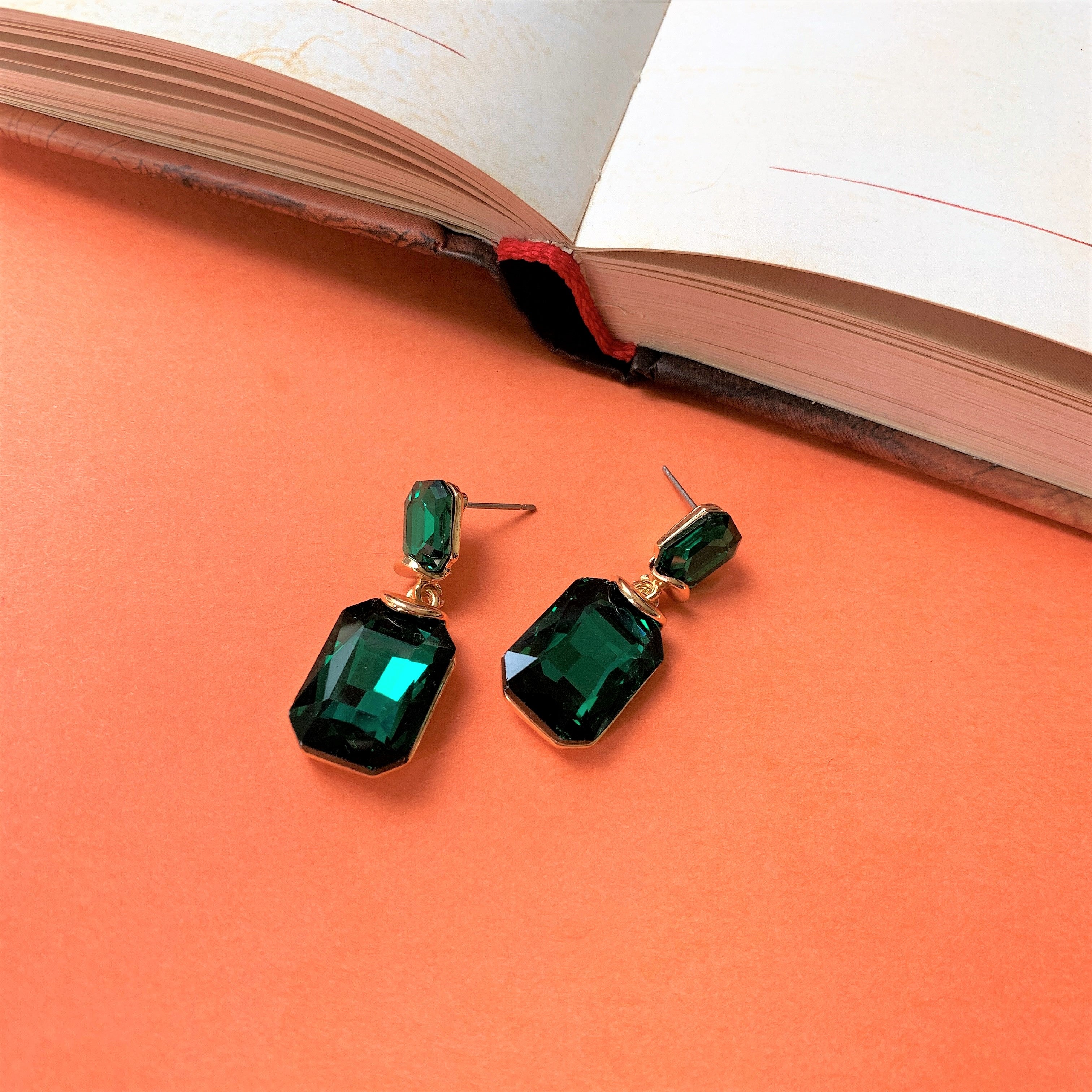 Emerald Cut Green Stone Dangling Earring