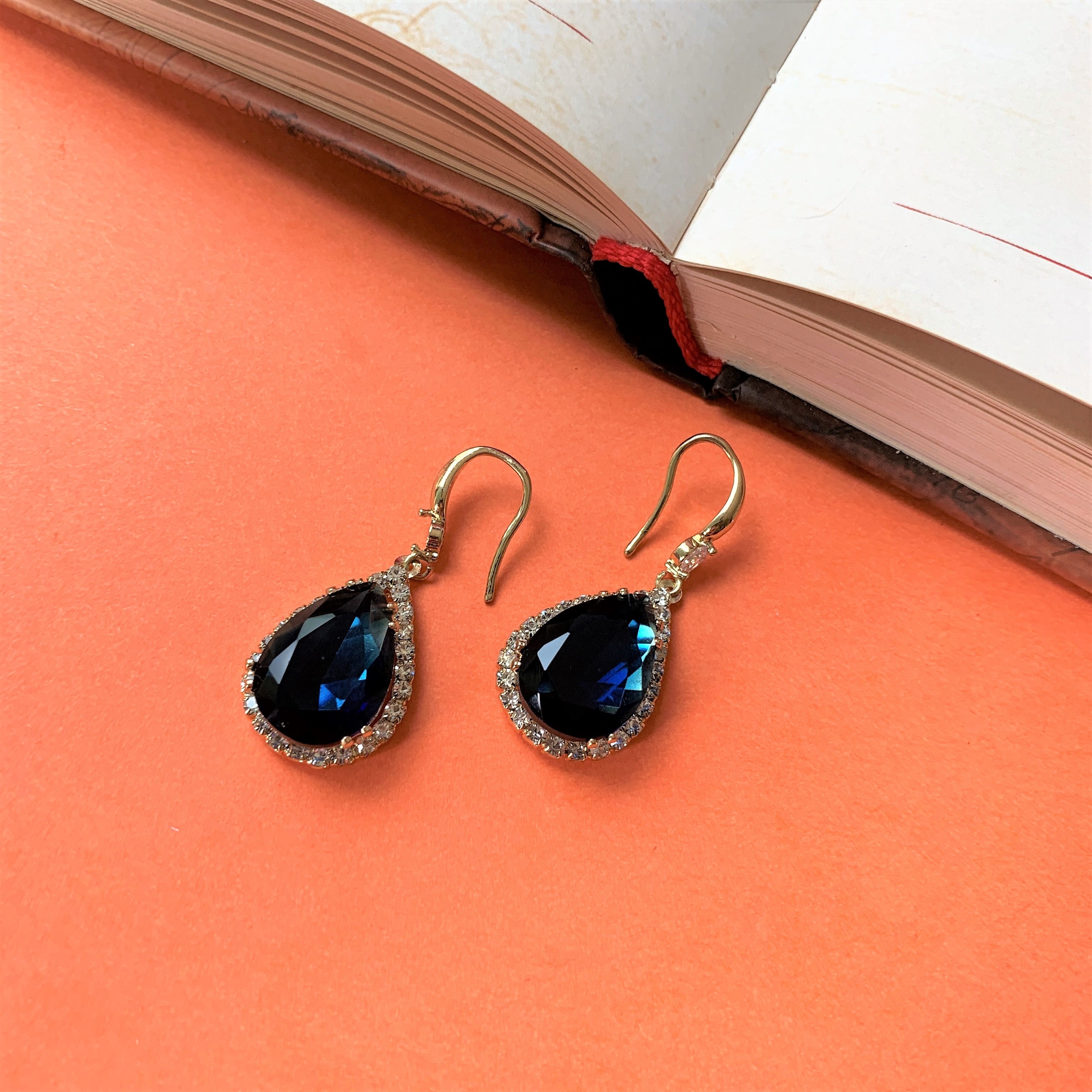 Pear Cut Blue Stone Dangling Hook Earring with American Diamonds