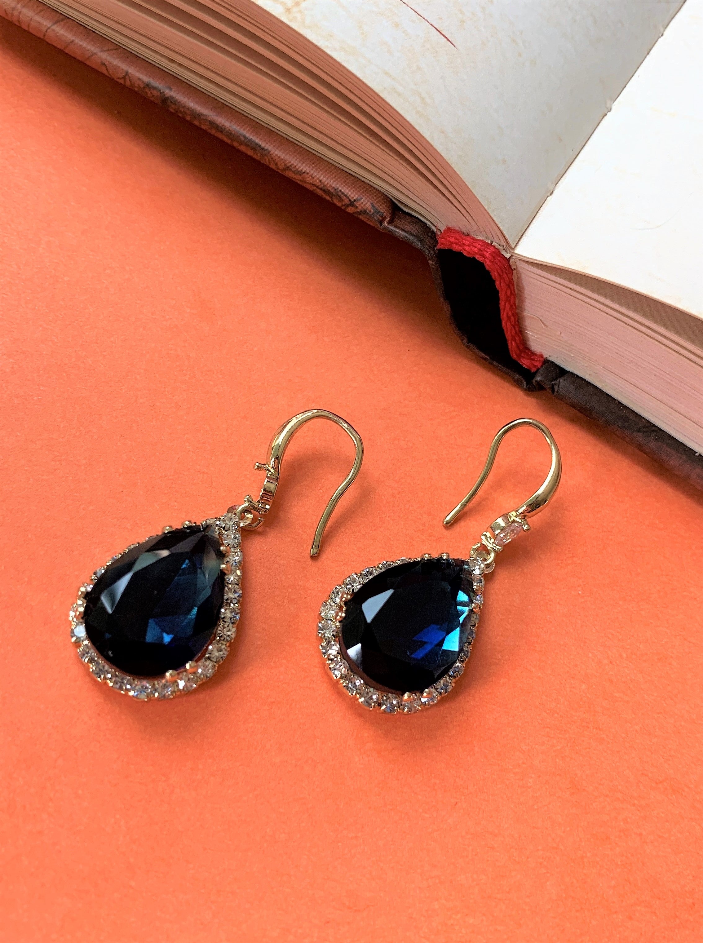 Pear Cut Blue Stone Dangling Hook Earring with American Diamonds