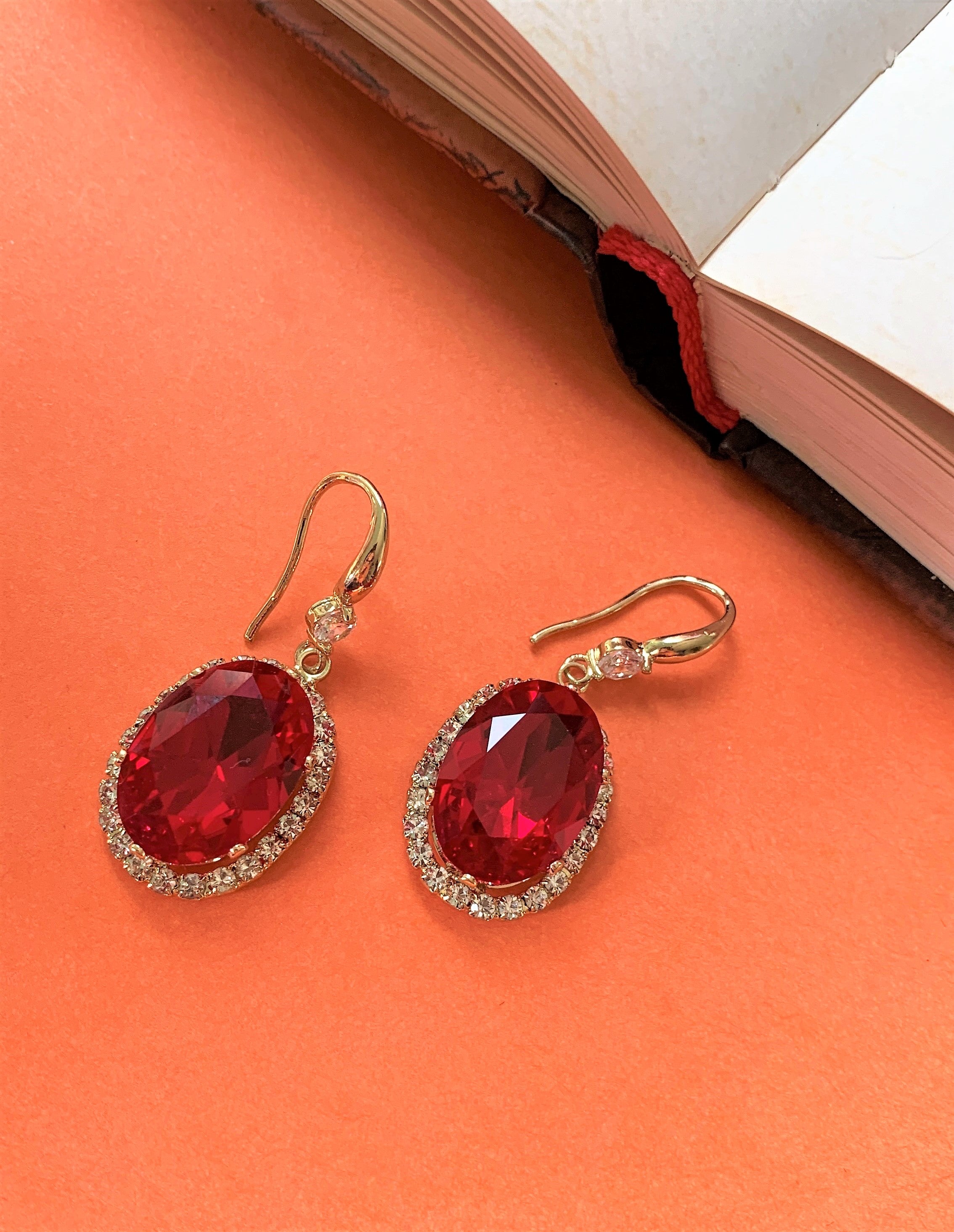 Oval Cut Red Stone Dangling Hook Earring with American Diamonds