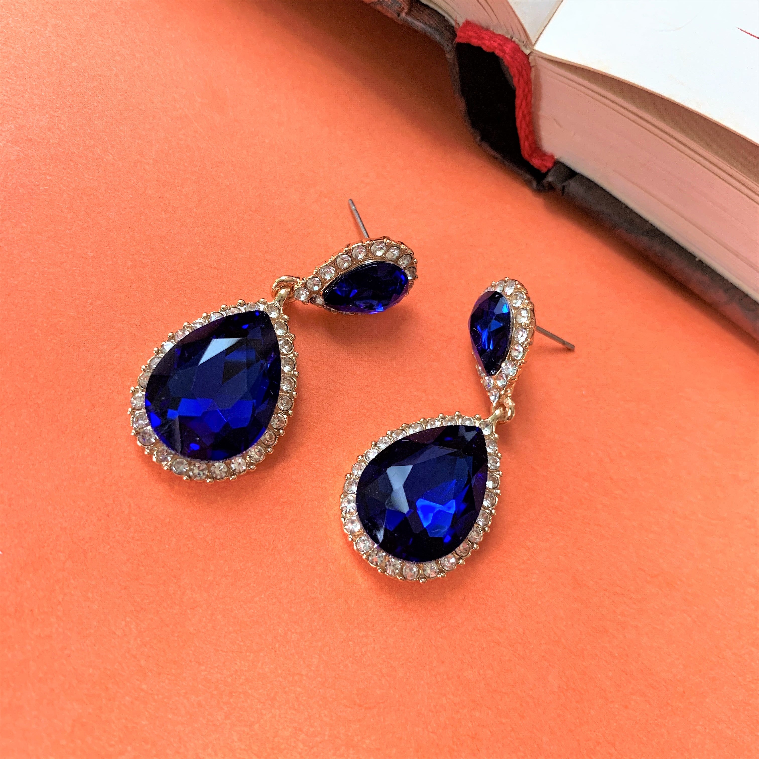 Pear Cut Blue Stone Dangling Earring with American Diamonds