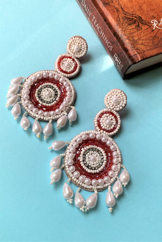 Red and White Coloured Beaded Embroidery Long Dangling Earring with Pearl Drops