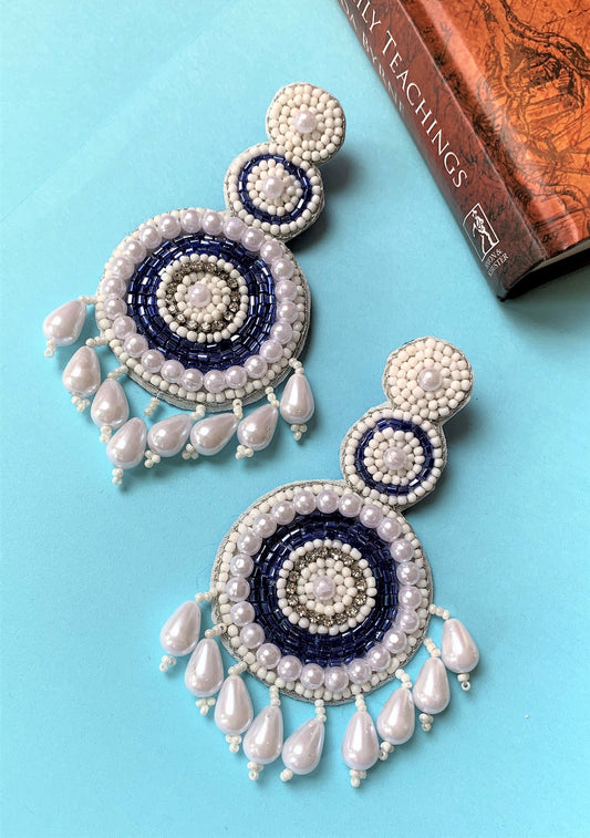 Blue and White Coloured Beaded Embroidery Long Dangling Earring with Pear