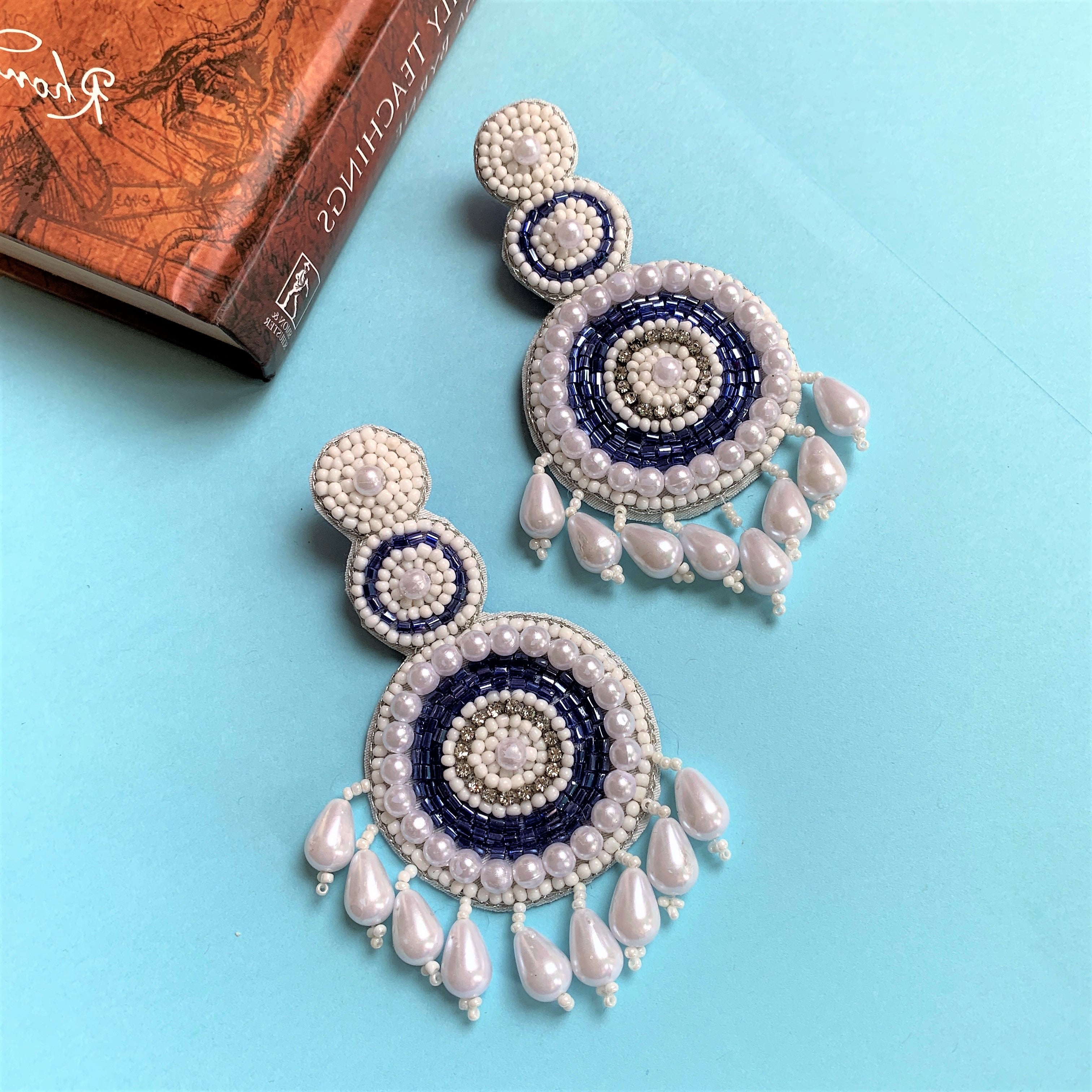 Blue and White Coloured Beaded Embroidery Long Dangling Earring with Pear