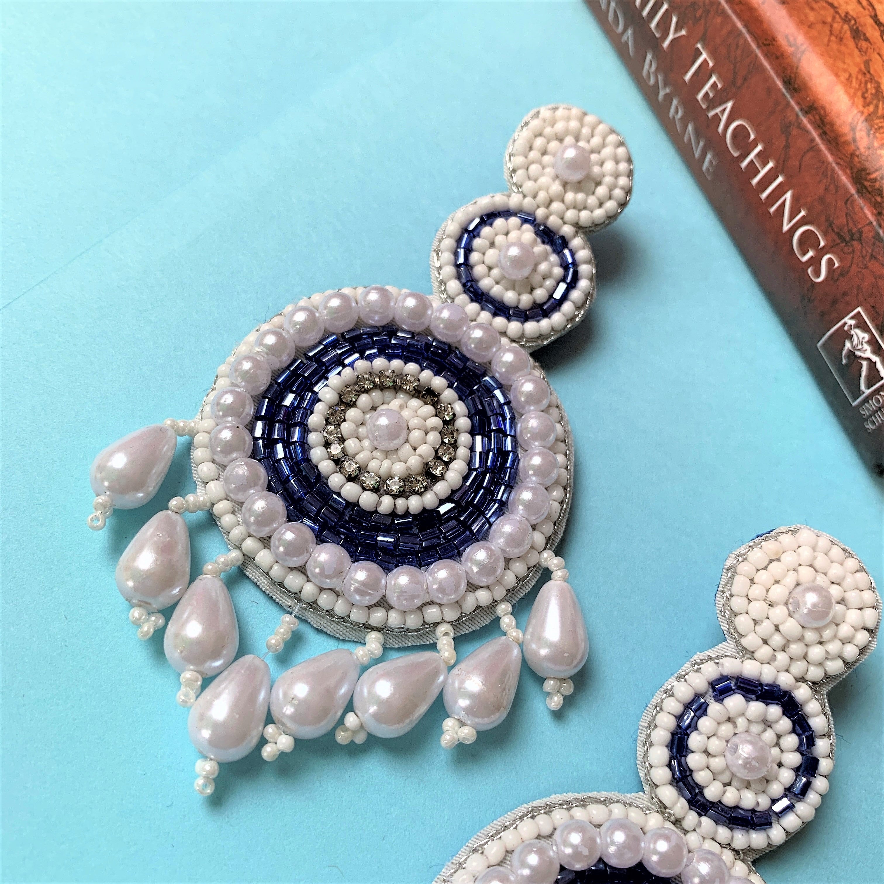 Blue and White Coloured Beaded Embroidery Long Dangling Earring with Pear