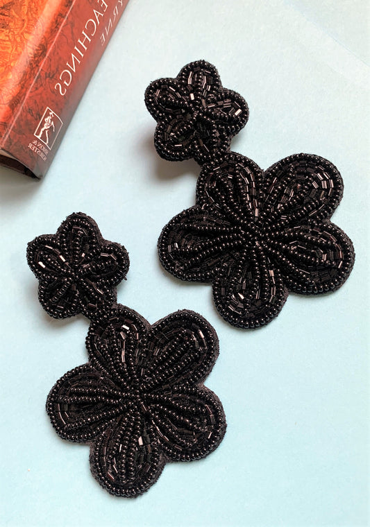 Black Coloured Beaded Embroidery Long Dangling Earring