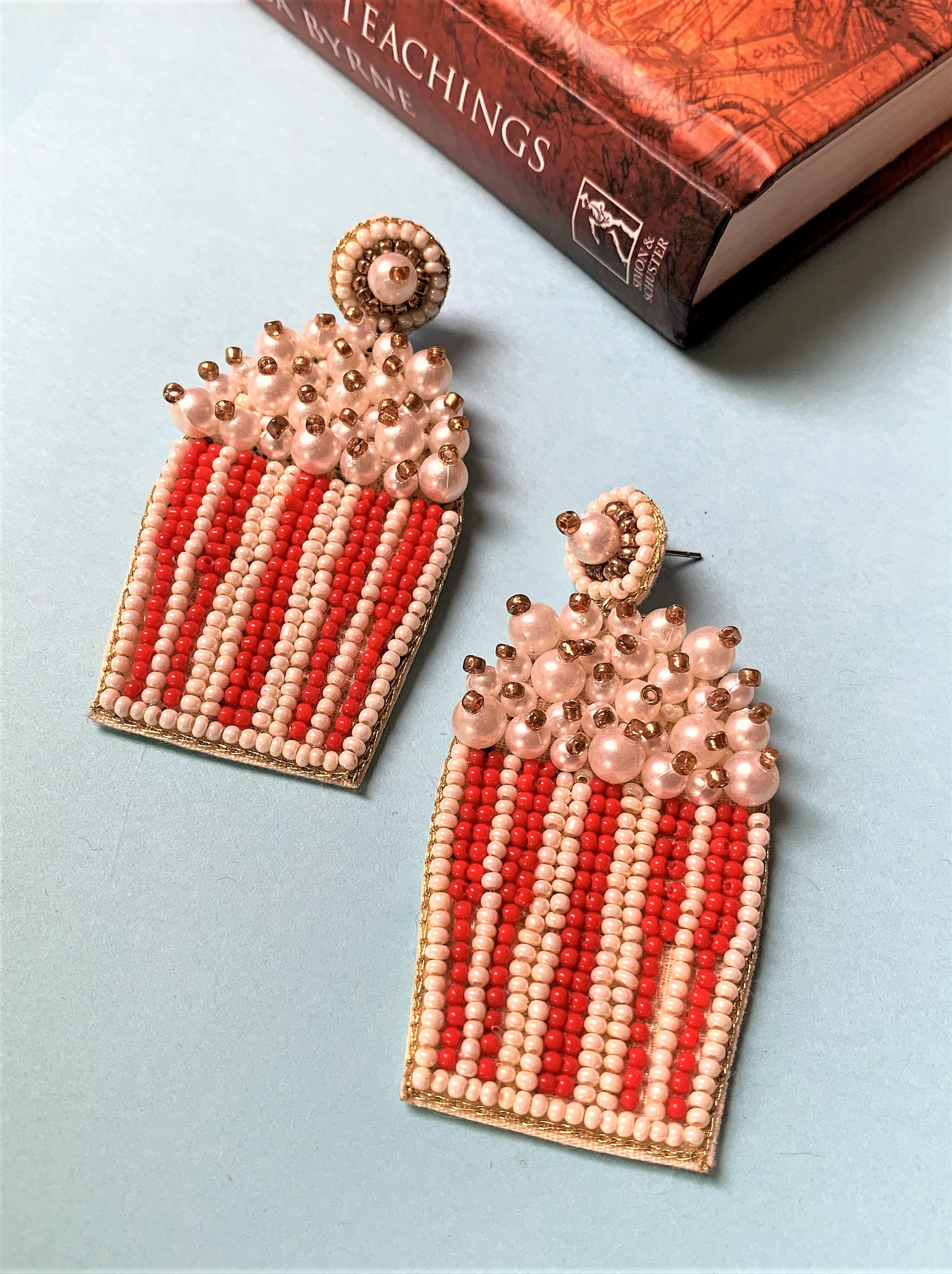 Red and White Coloured Beaded Embroidery Long Dangling Earring