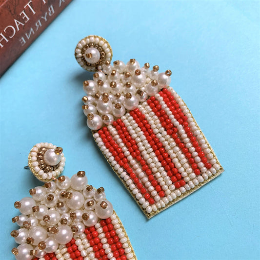Red and White Coloured Beaded Embroidery Long Dangling Earring