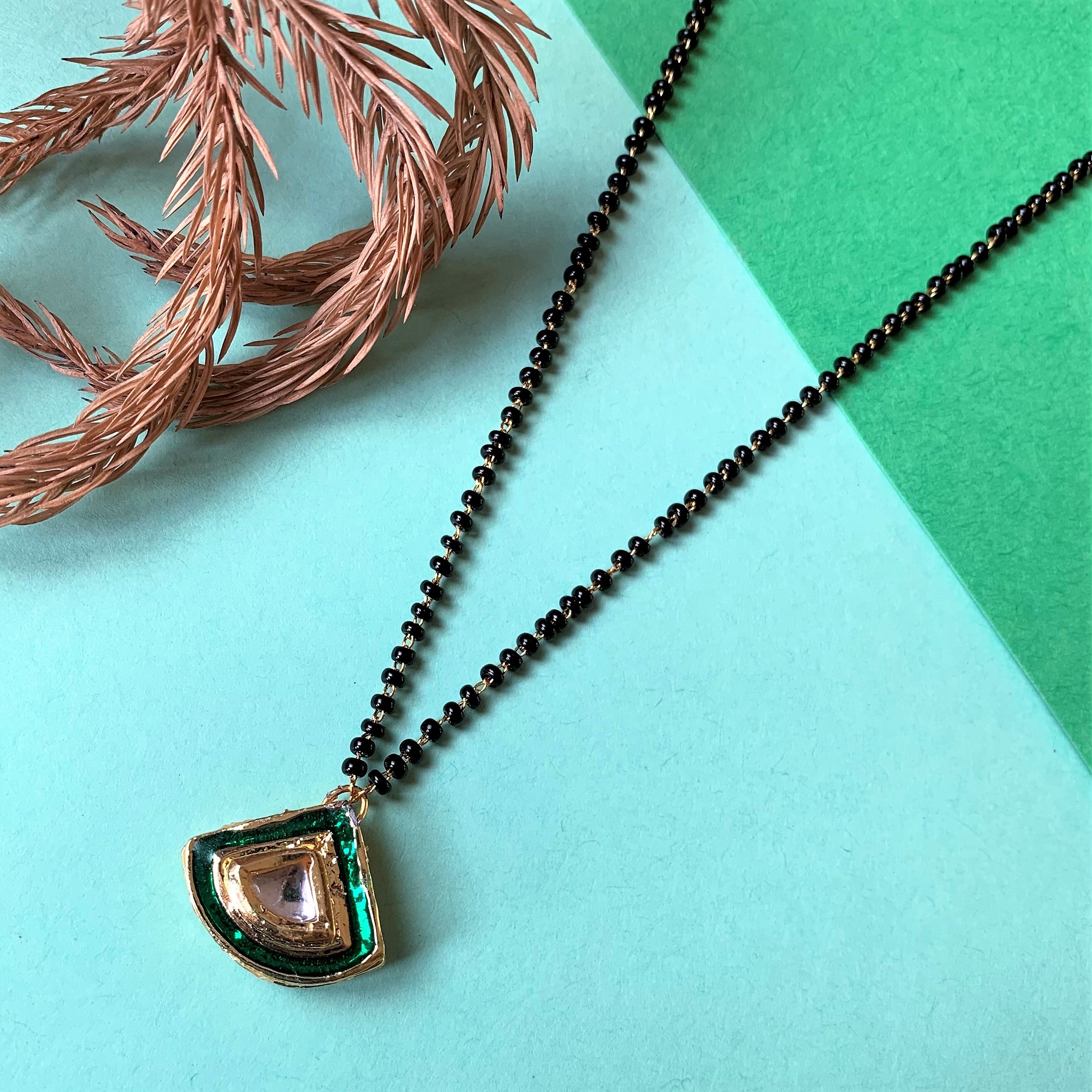 GREEN ENAMEL WITH KUNDAN MANGALSUTRA NECKLACE