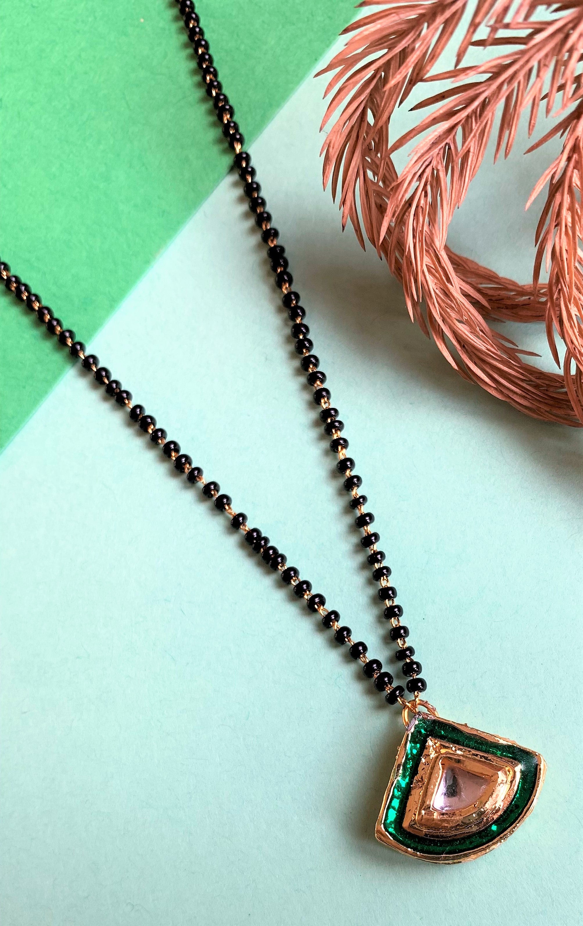 GREEN ENAMEL WITH KUNDAN MANGALSUTRA NECKLACE