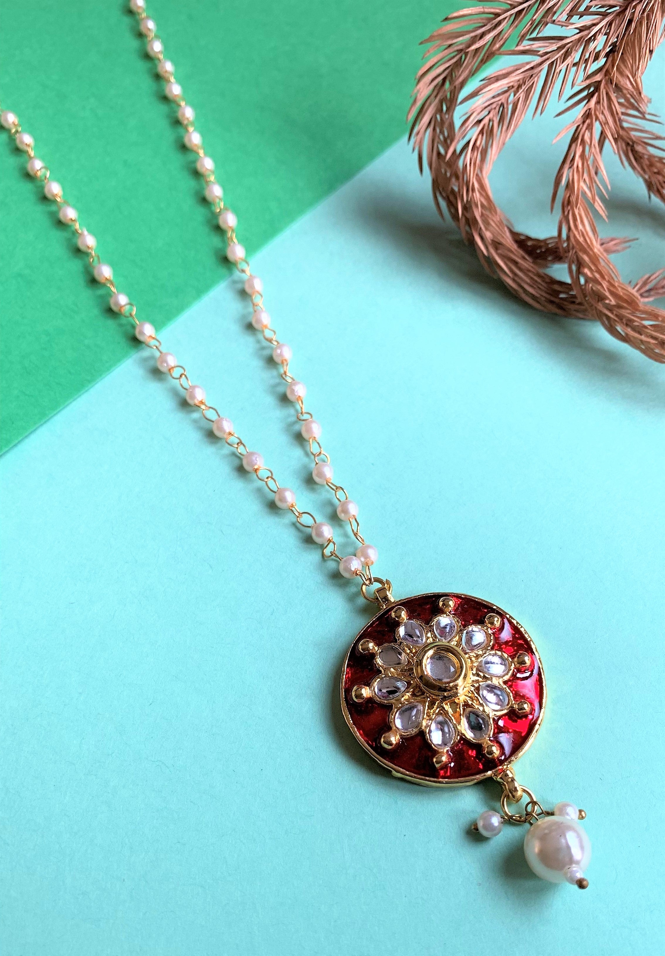 Kundan Element with Red Enamel and Pearl String Necklace
