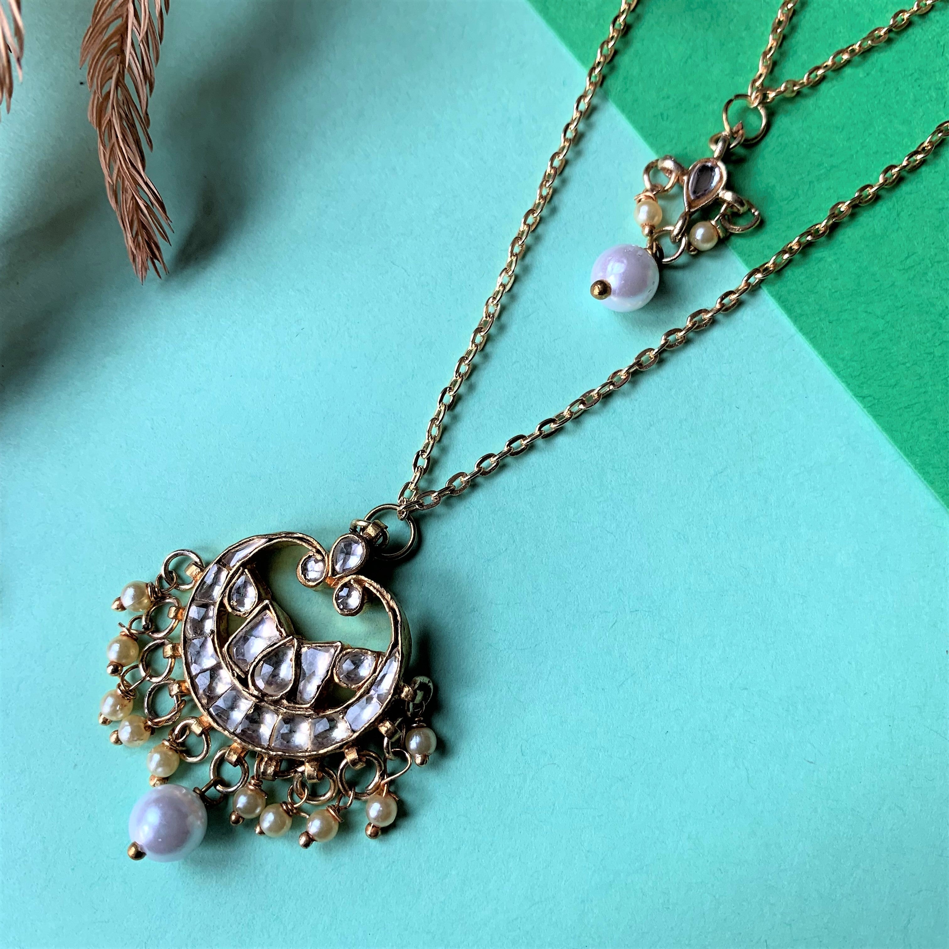 Gold Plated Double Layer Kundan And Pearl Chain Necklace