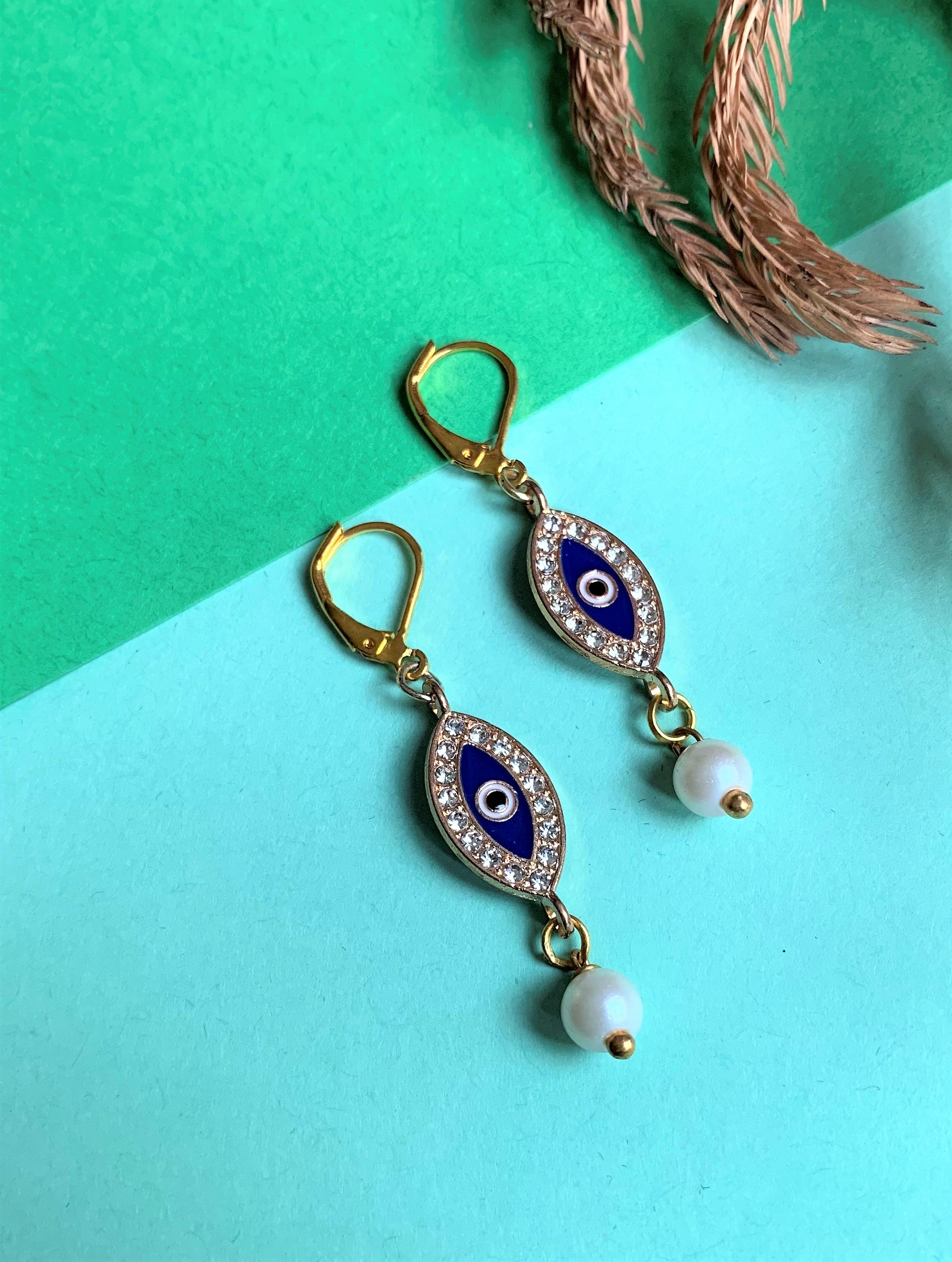 Evil Eye with American Diamond and Pearl Drops hook earring